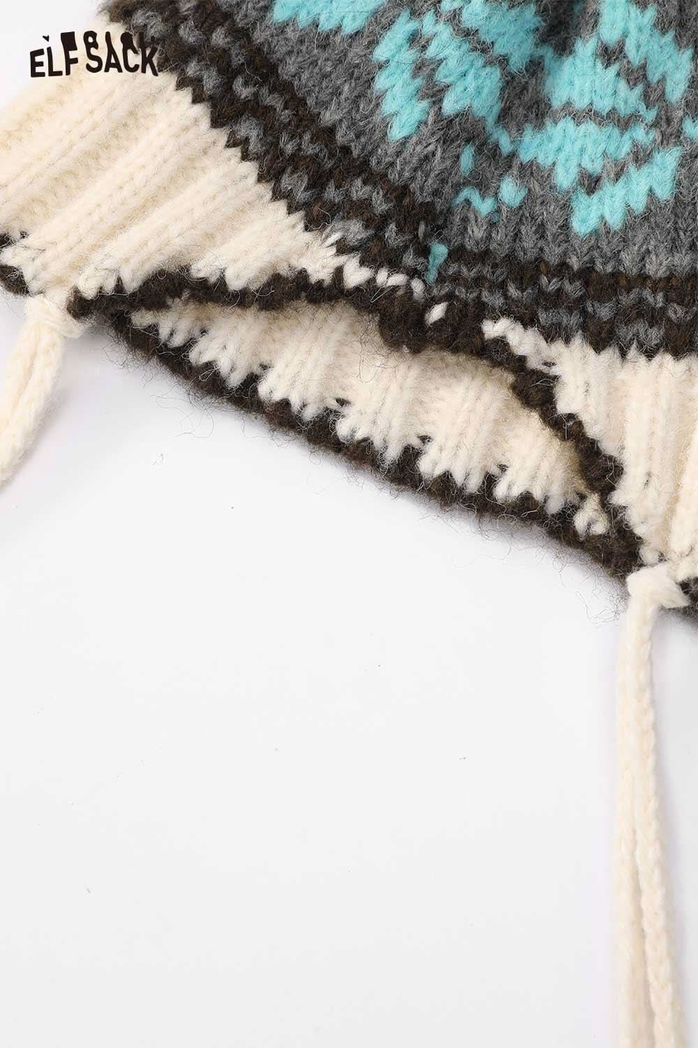 ELFSACK women's patchwork knit hat with a colorful design and ear flaps for warmth