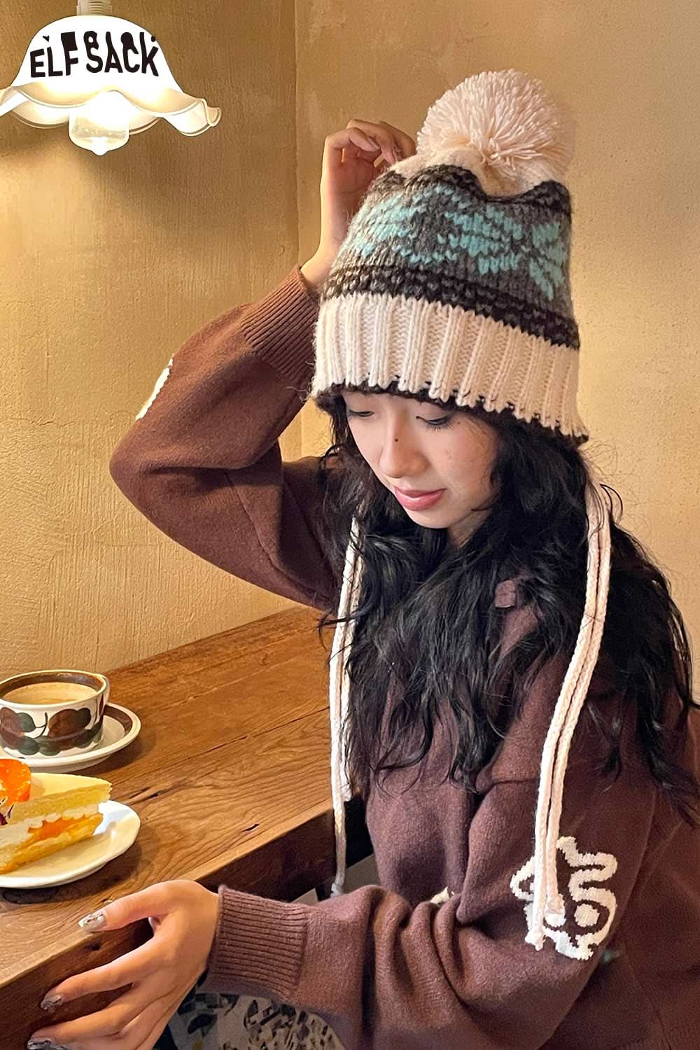 ELFSACK women's patchwork knit hat with pom-pom design for stylish winter warmth