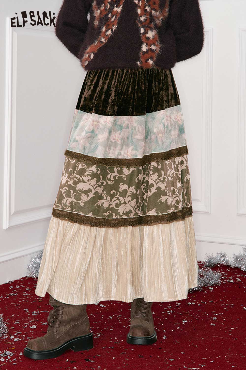 ELFSACK women's patchwork long dress in multi-textured fabrics with a tiered design