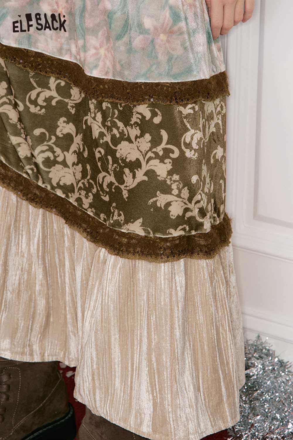 ELFSACK women's patchwork long dress featuring a floral design and layered fabric details