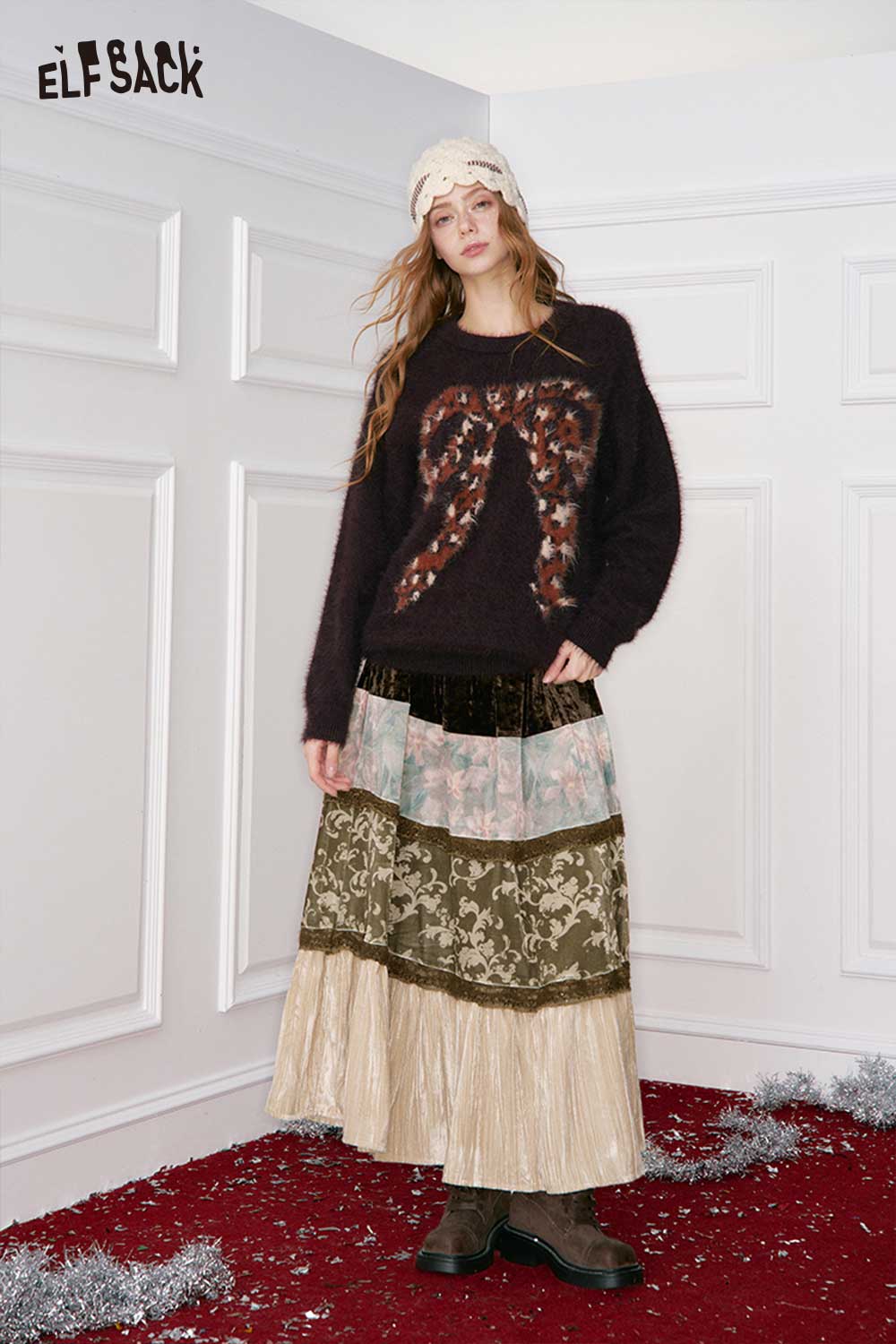 ELFSACK women's patchwork long dress featuring multi-patterned fabric for stylish layering