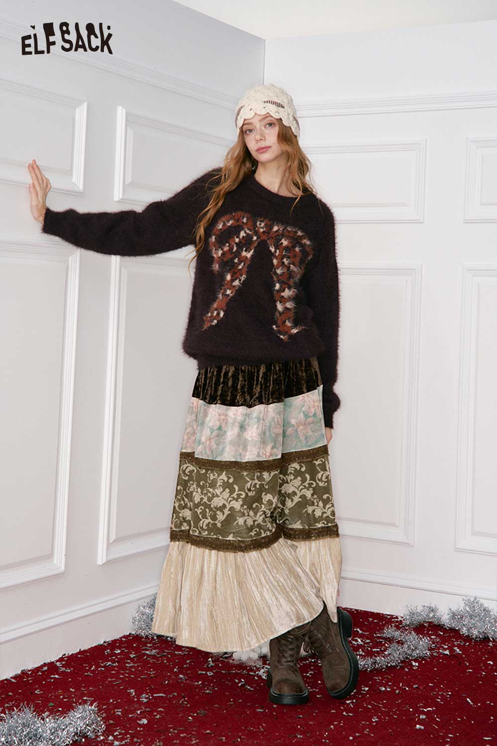 ELFSACK women's patchwork long dress featuring a mix of textures and colors for a stylish look