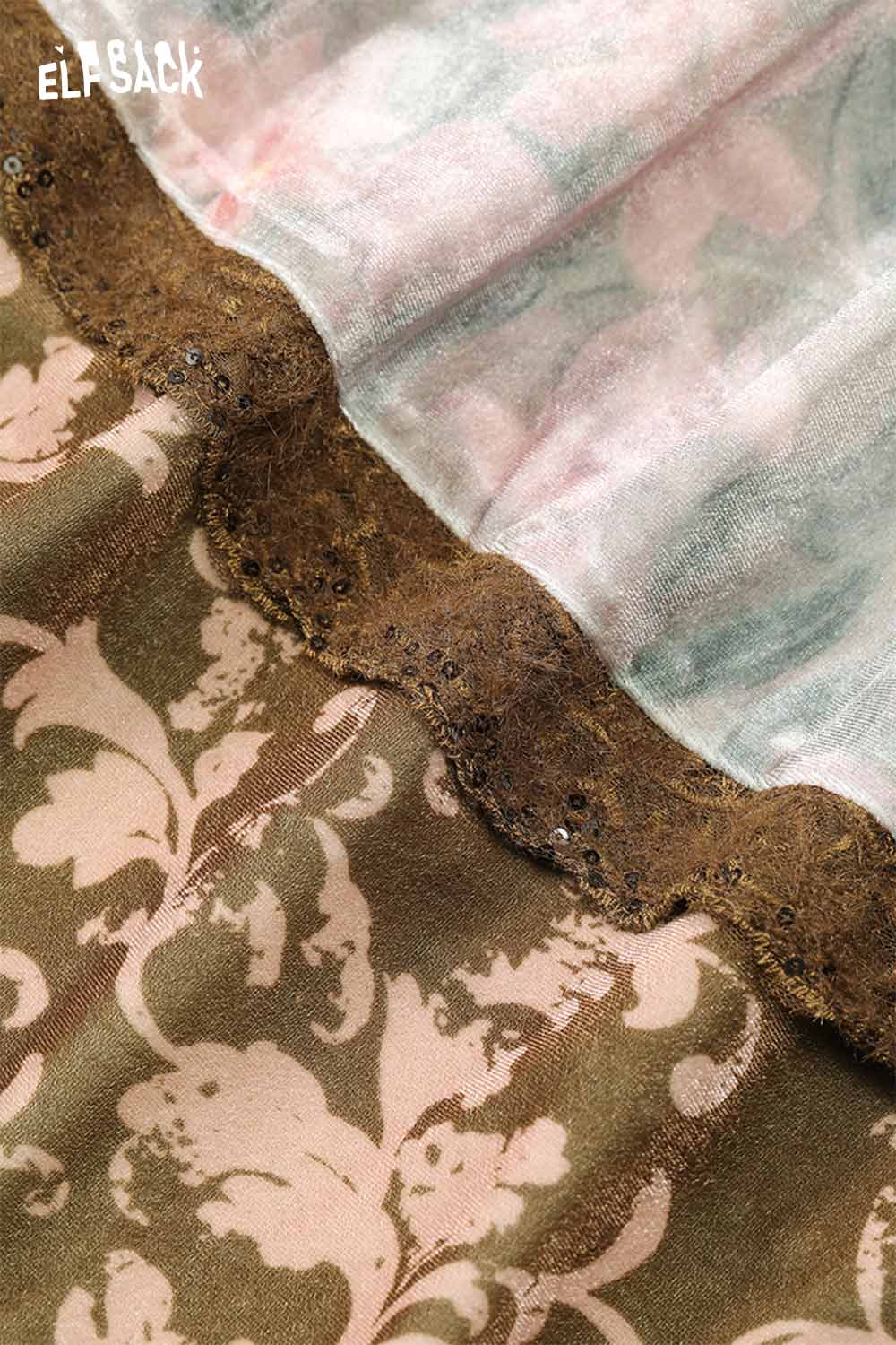 ELFSACK women's patchwork long dress featuring floral and decorative fabric details