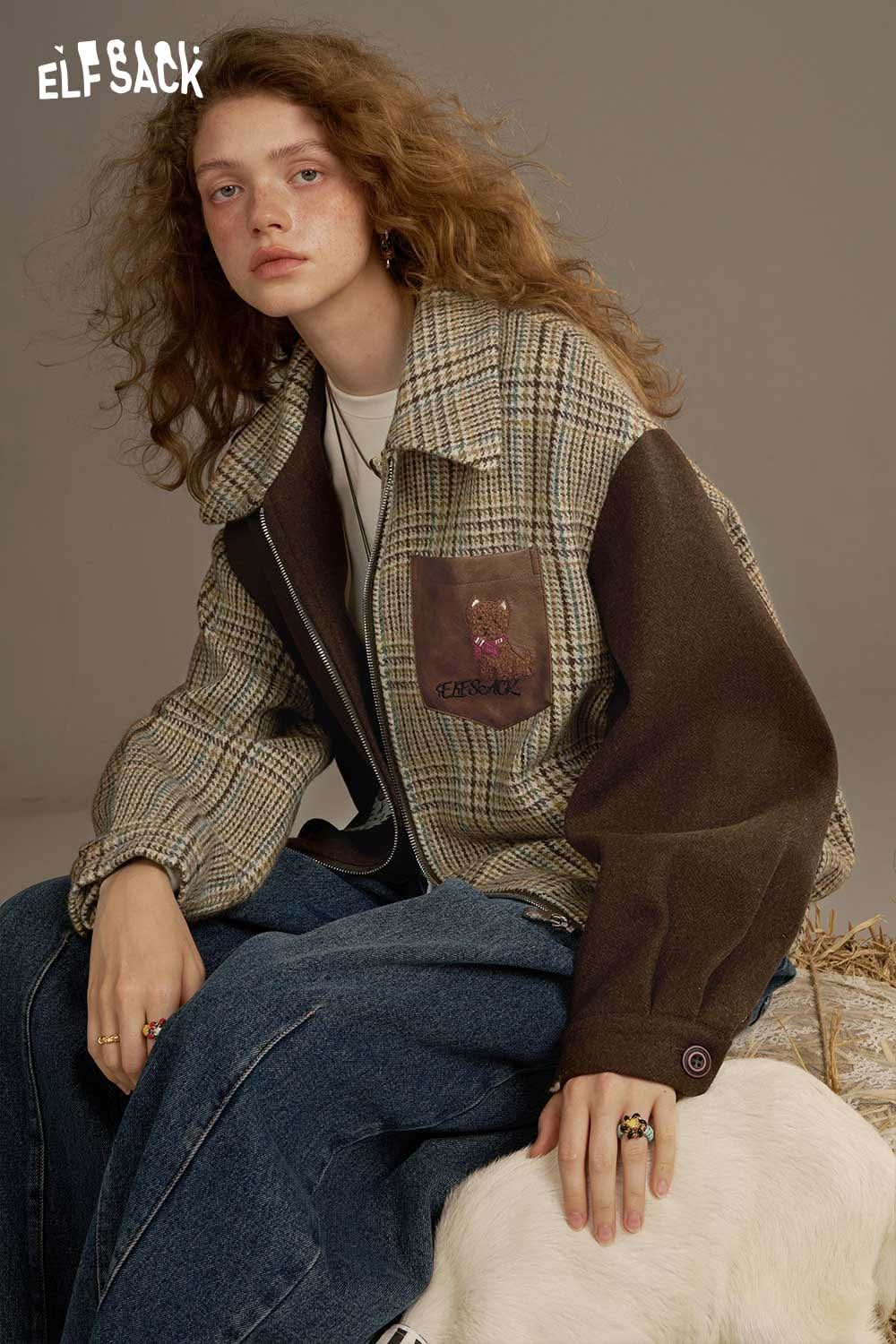 ELFSACK women's patchwork plaid coat with contrasting colors and relaxed fit for a stylish look