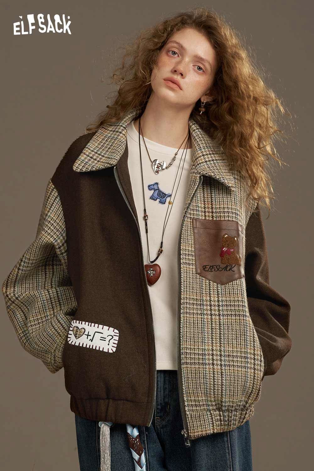 ELFSACK women's patchwork plaid coat featuring a mix of brown and plaid fabric with unique embroidery details