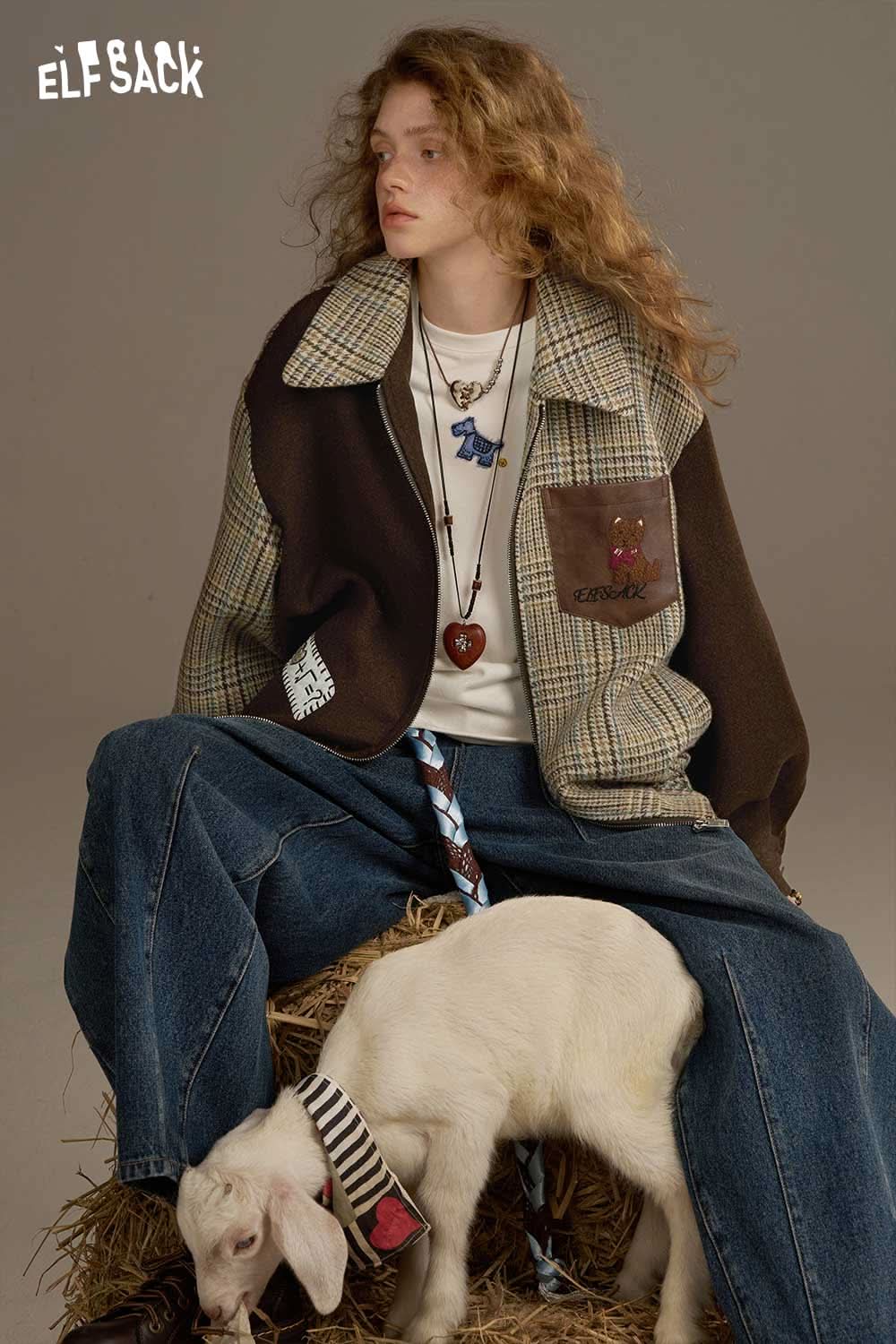 ELFSACK women's patchwork plaid coat featuring unique colors and designs, styled with casual denim and accessories