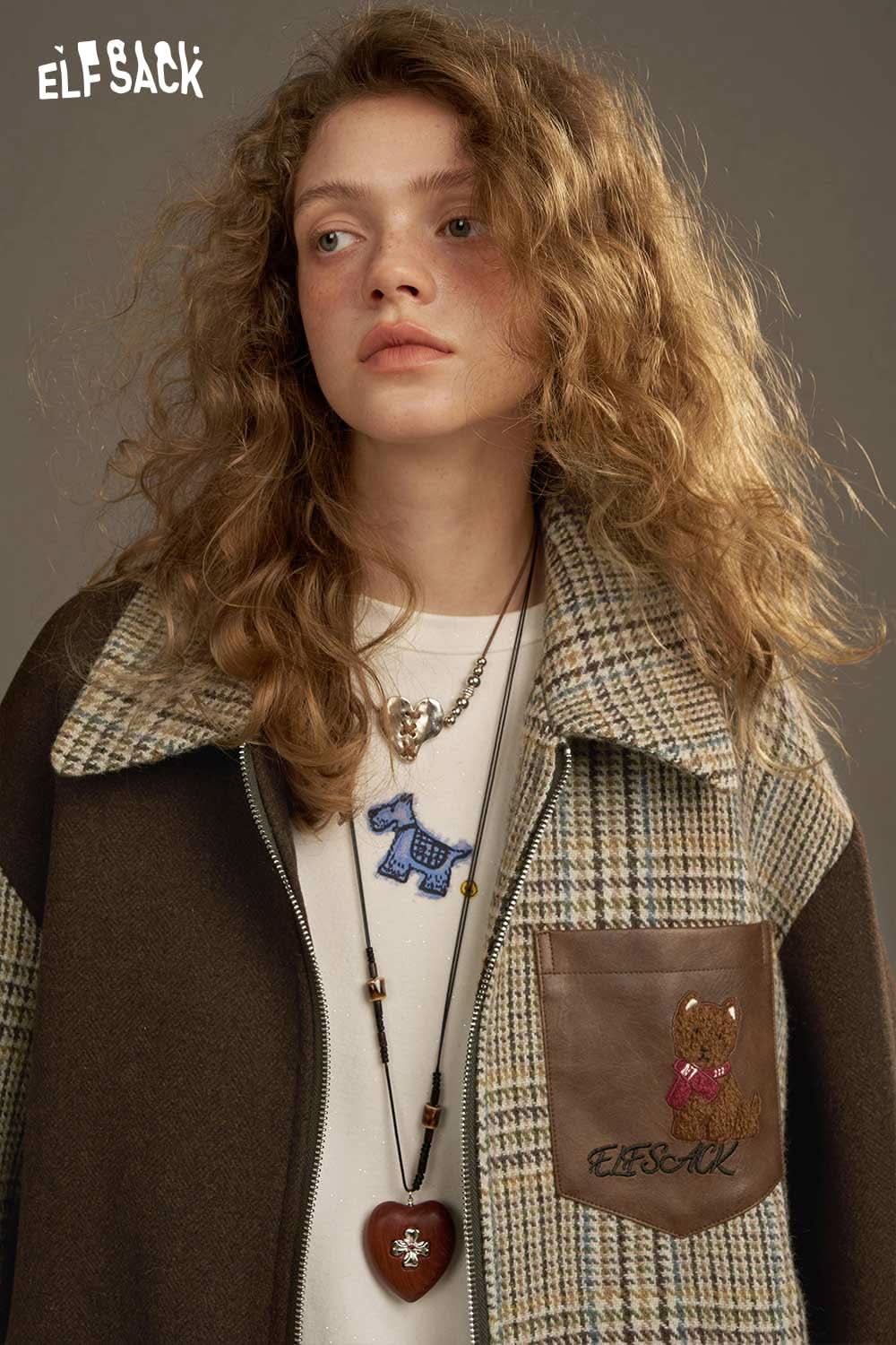 ELFSACK women's patchwork plaid coat featuring a stylish design and unique embellishments