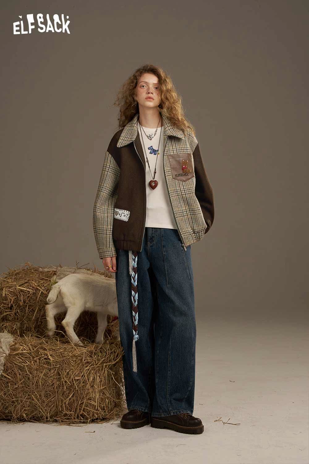 ELFSACK women's patchwork plaid coat with a relaxed fit and unique fabric designs against a rustic backdrop