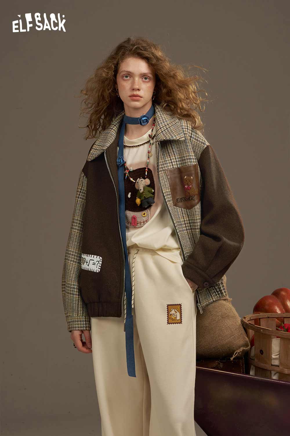 ELFSACK women's patchwork plaid coat in brown and plaid design, styled with casual pants and accessories.