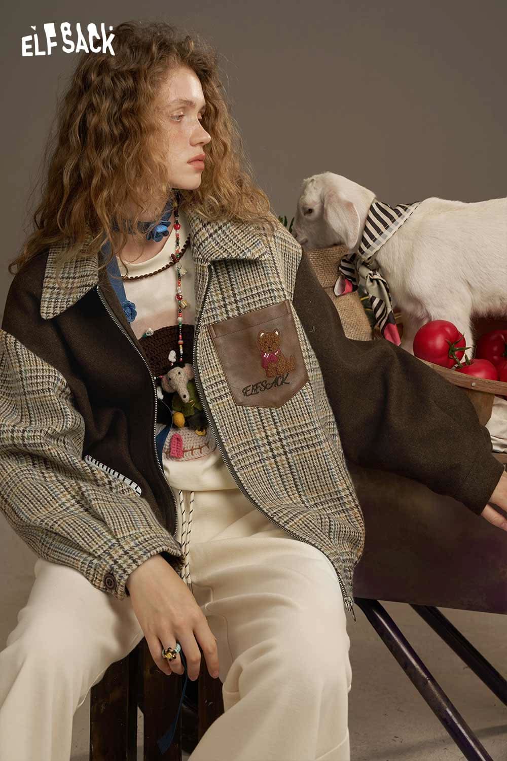 ELFSACK women's patchwork plaid coat featuring unique patterns and a stylish design for casual wear