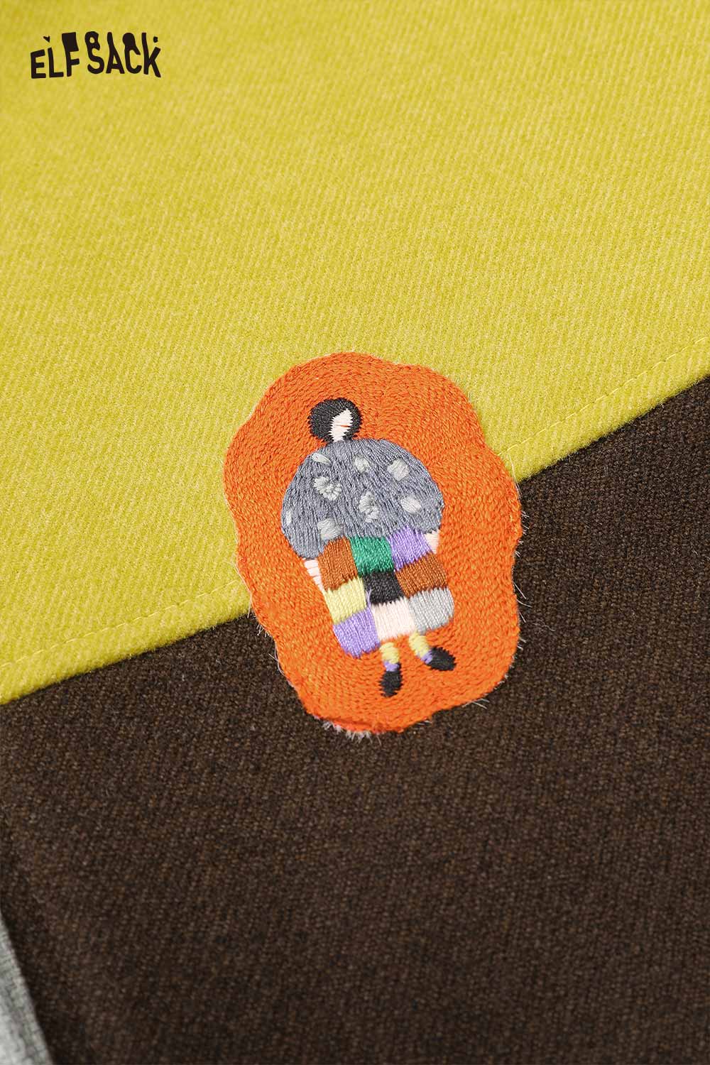 Close-up of ELFSACK women's patchwork stripe coat featuring unique colorful design and embroidery detail