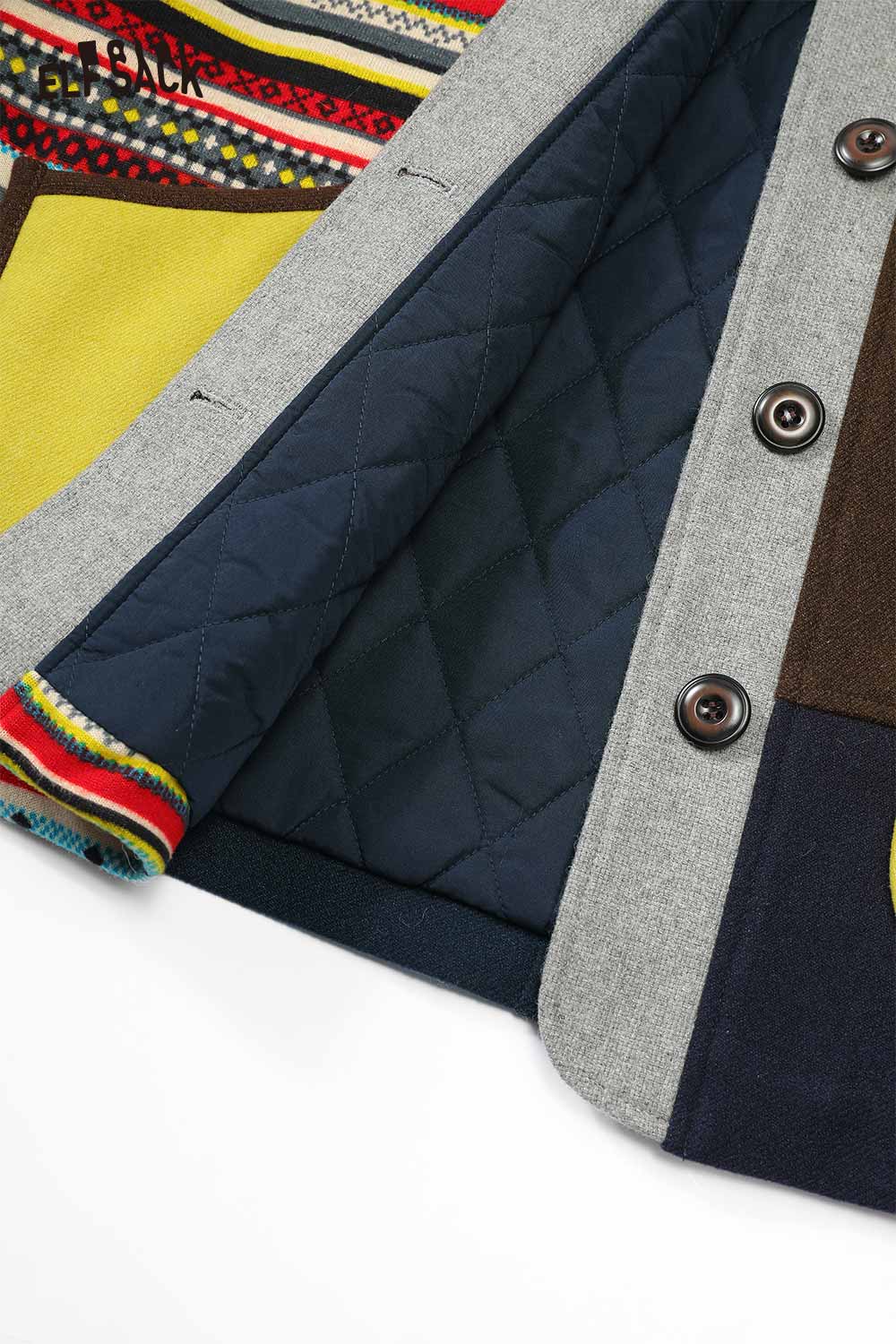 Inside view of ELFSACK women's patchwork stripe coat with quilted lining and colorful patterns