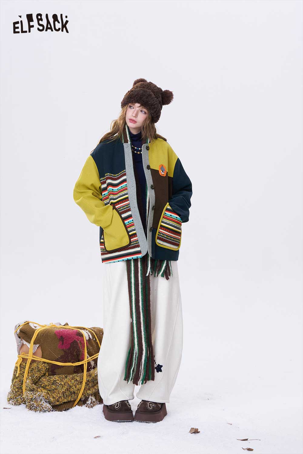 ELFSACK women's patchwork stripe coat with colorful stripes and warm scarf for a stylish winter look