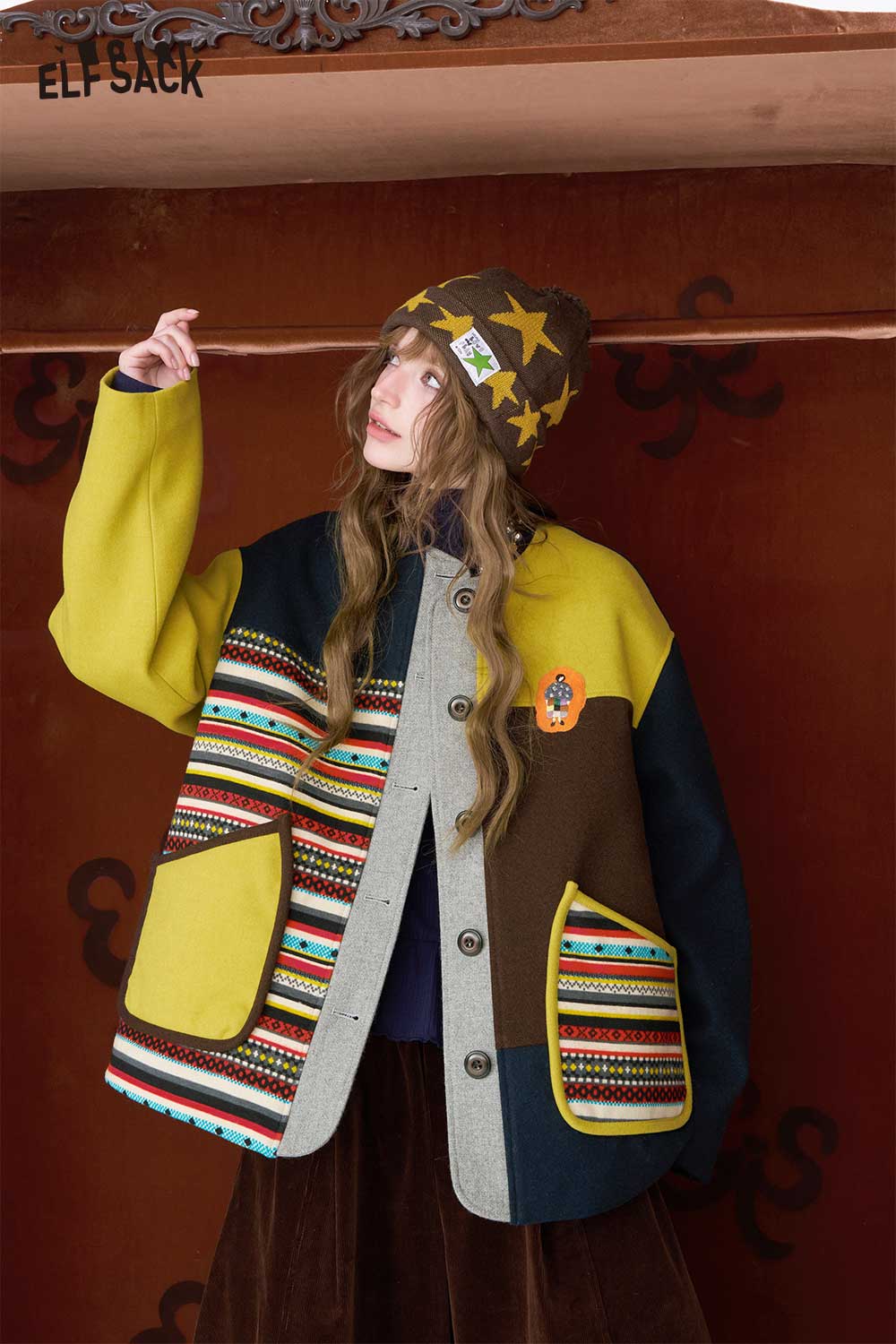 ELFSACK women's patchwork stripe coat with colorful stripes and cozy pockets for stylish winter wear