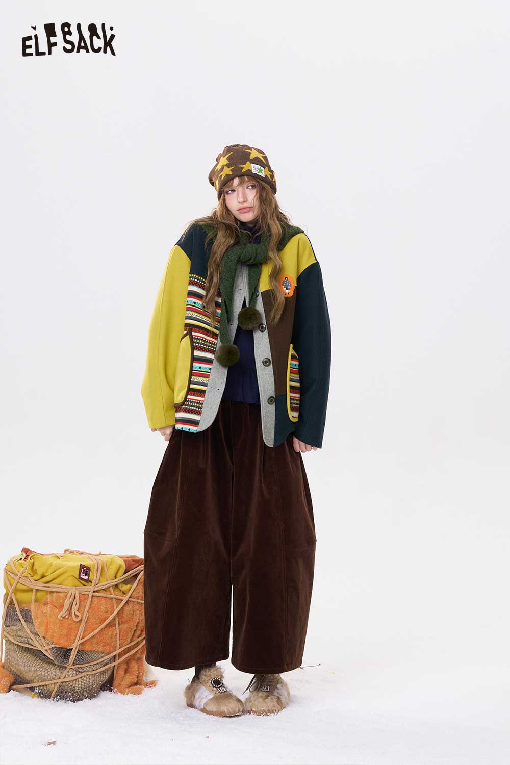 ELFSACK women's patchwork stripe coat in vibrant colors with playful details for a stylish look