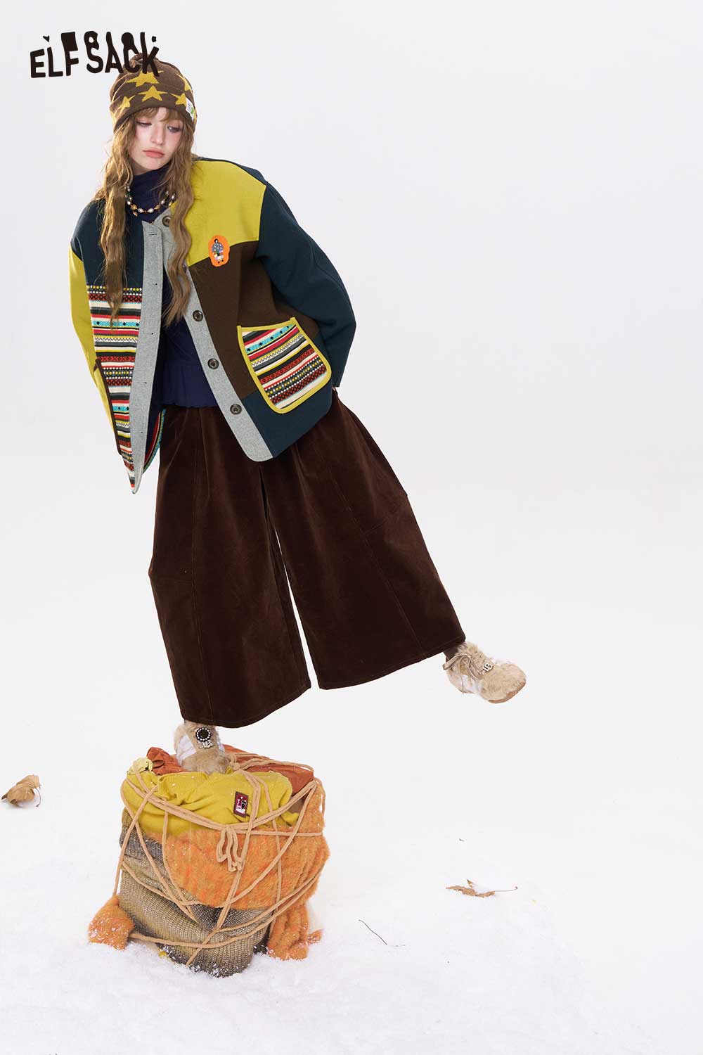 ELFSACK women's patchwork stripe coat featuring vibrant colors and unique design for stylish outfits