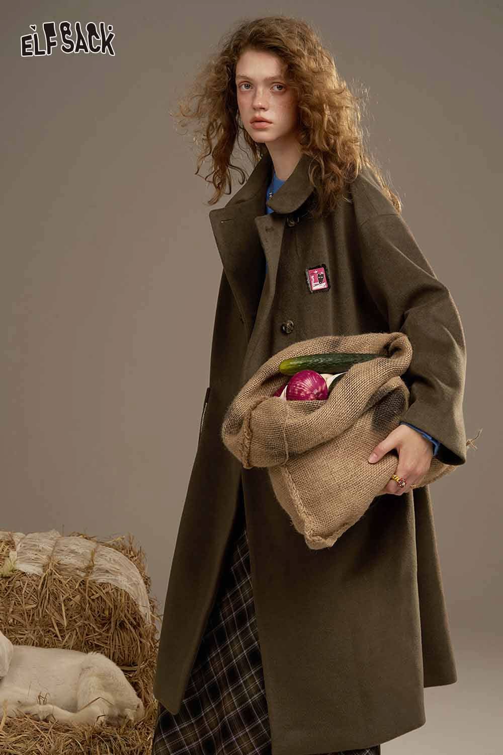 ELFSACK women's patterned collared coat in olive green, styled with a vintage-inspired look