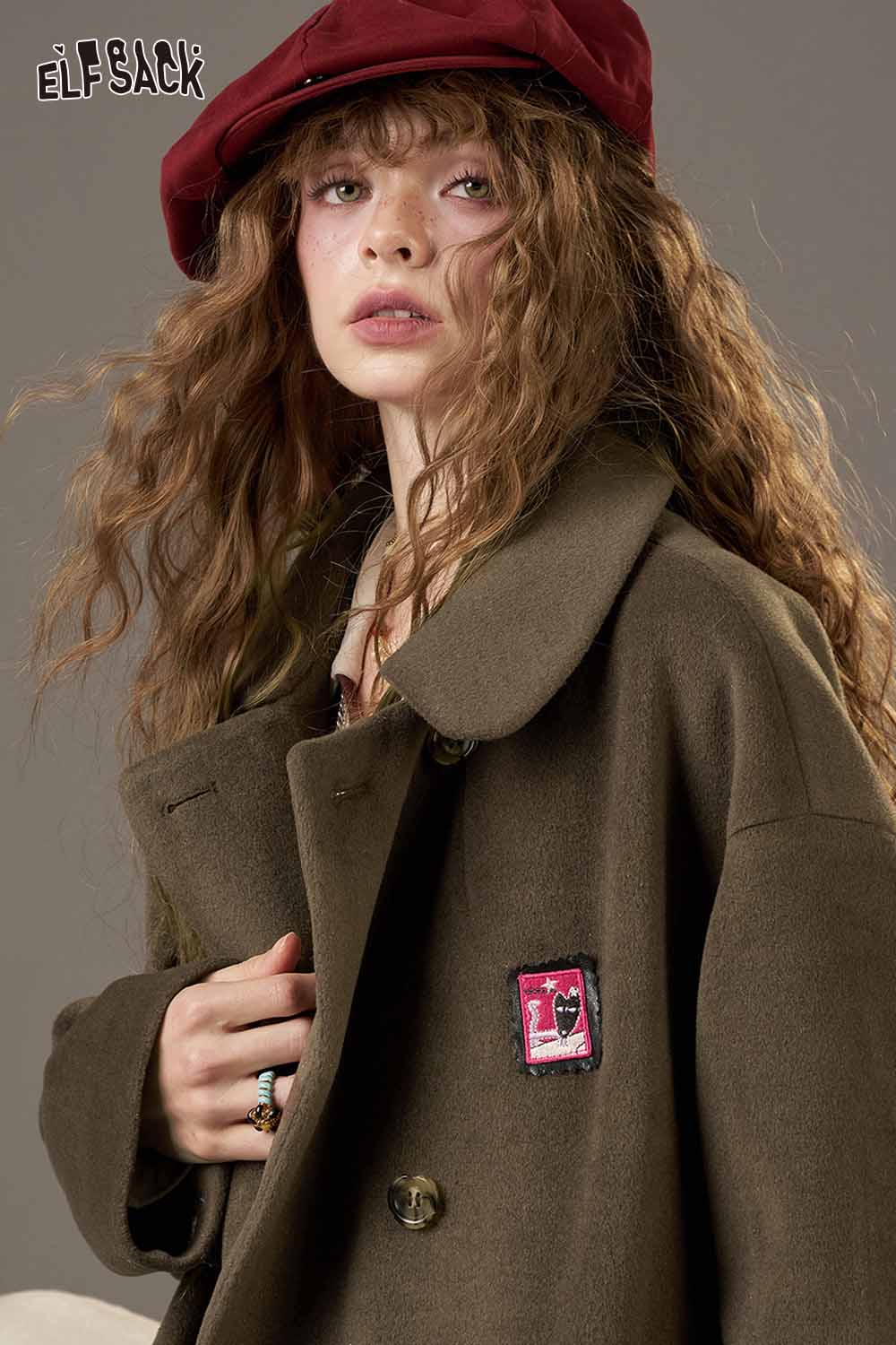 ELFSACK women's patterned collared coat in olive green with stylish button closure and patch detail