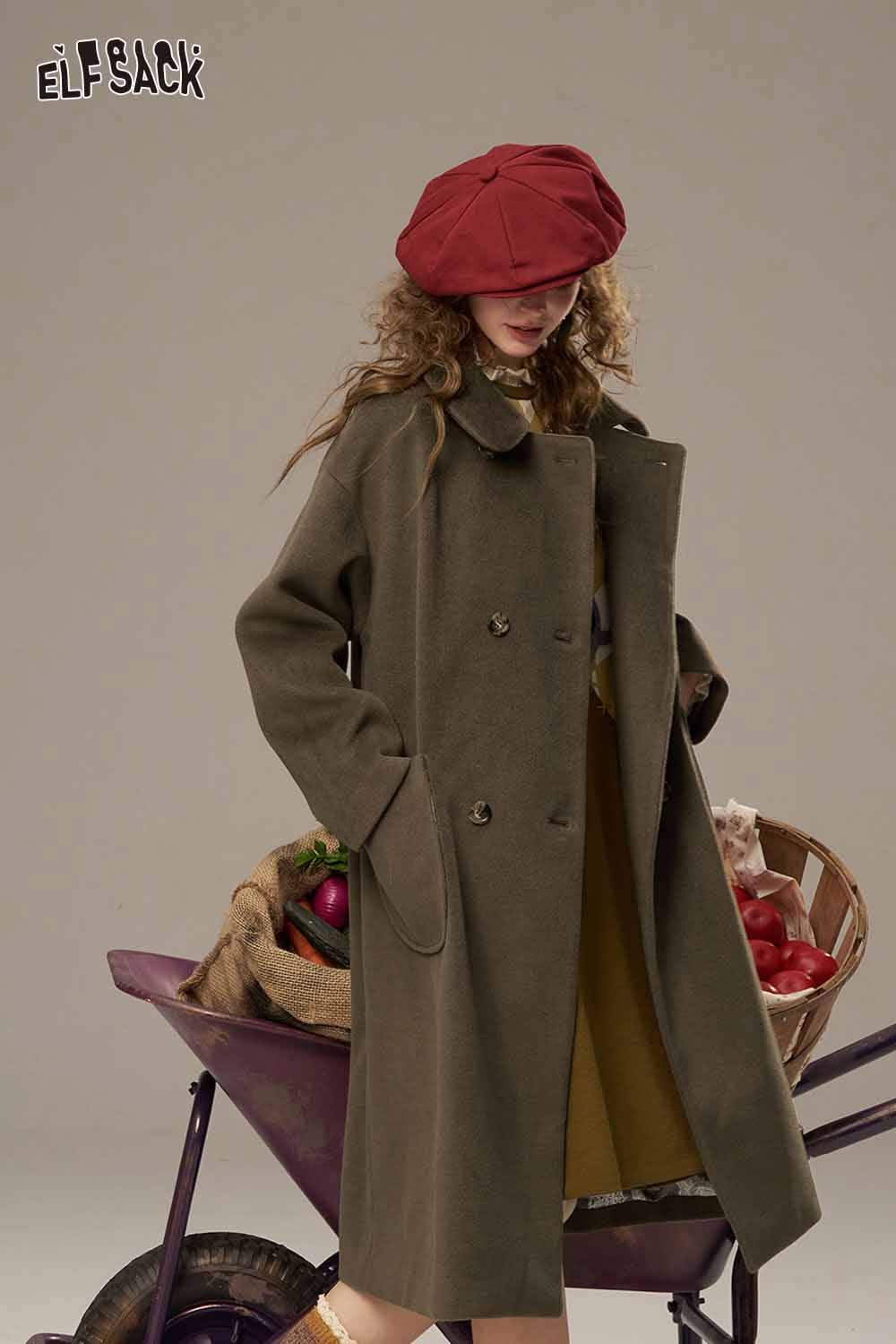 ELFSACK women's patterned collared coat in olive green, styled elegantly with a red hat and vintage bicycle