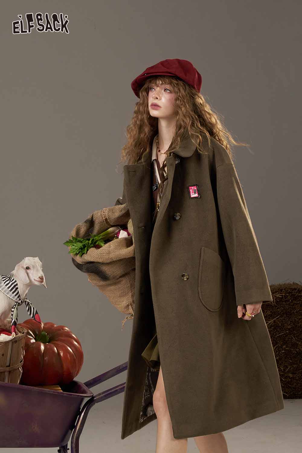 ELFSACK women's patterned collared coat in olive green, perfect for stylish fall layering.