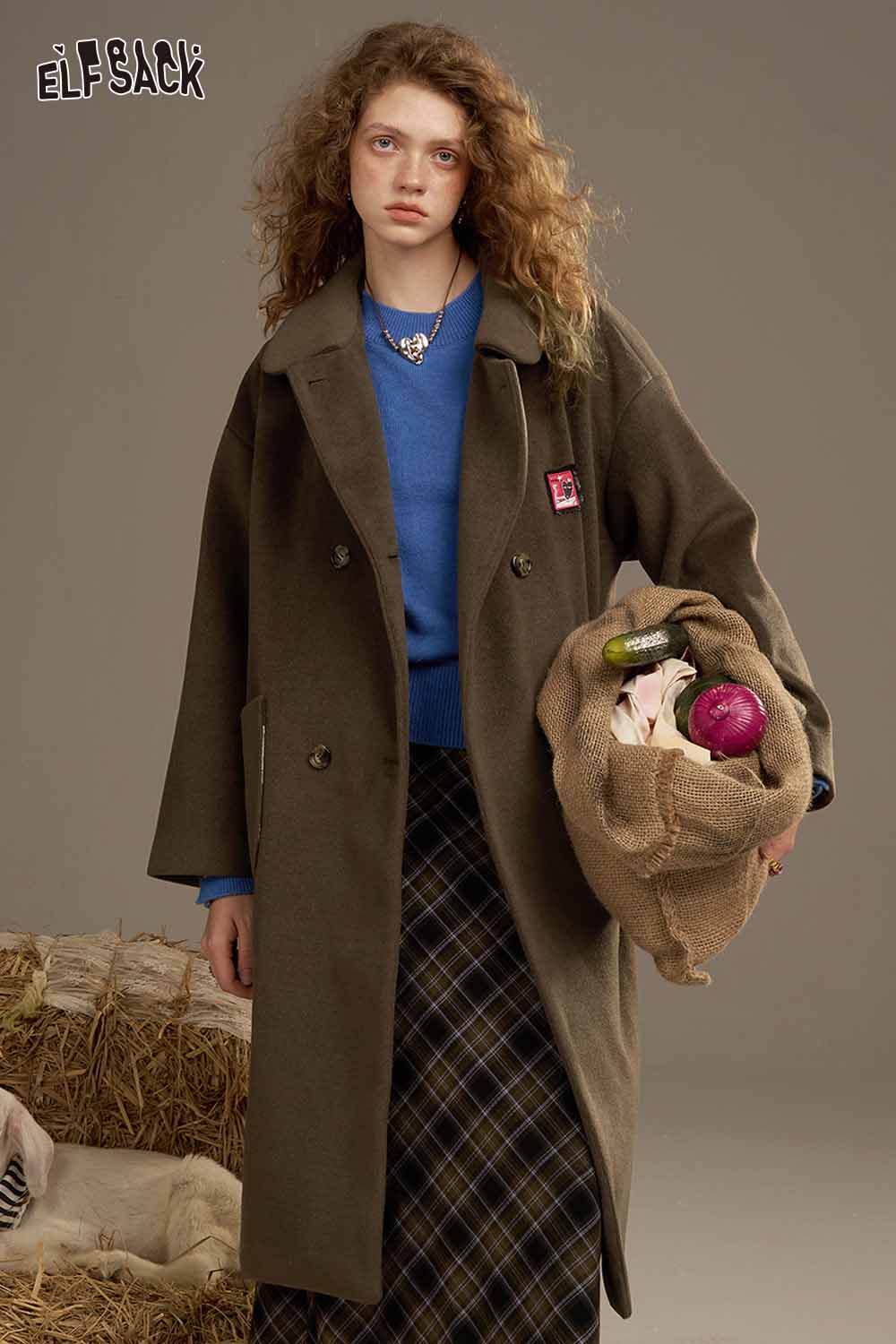 ELFSACK women's patterned collared coat in olive green, featuring a stylish design and relaxed fit.