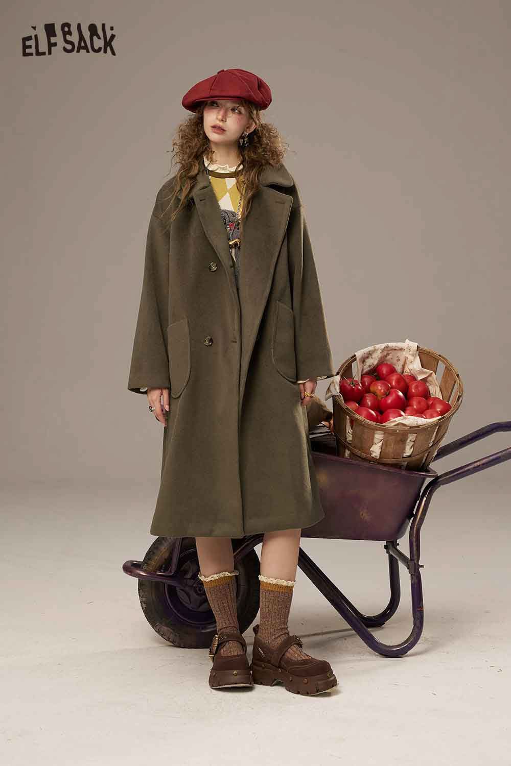 ELFSACK women's patterned collared coat in olive green, styled with a red beret and brown accessories