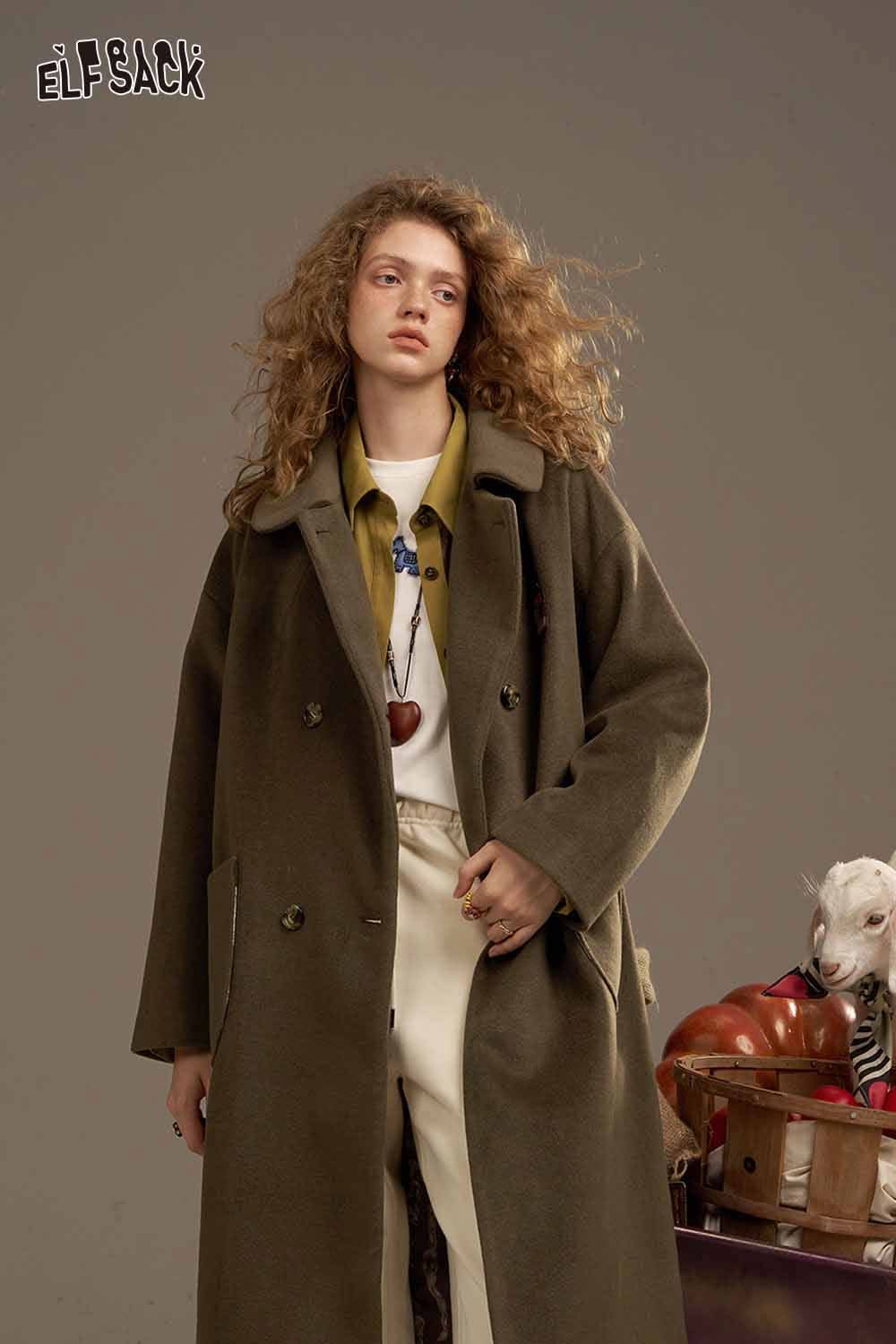 ELFSACK women's patterned collared coat in olive green with a relaxed fit, perfect for stylish layering.