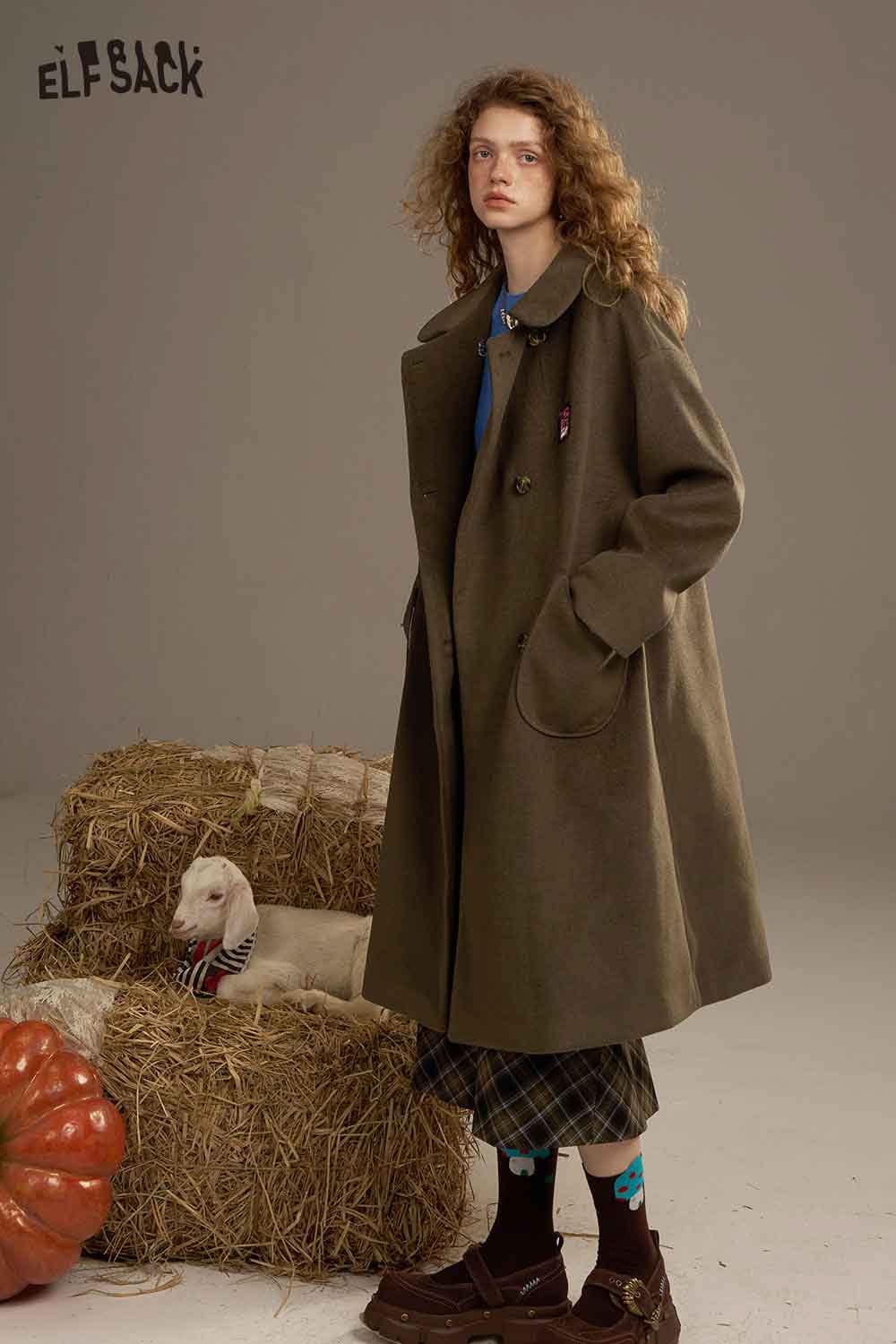 ELFSACK women's patterned collared coat in olive green with oversized pockets and a relaxed fit, styled with a skirt