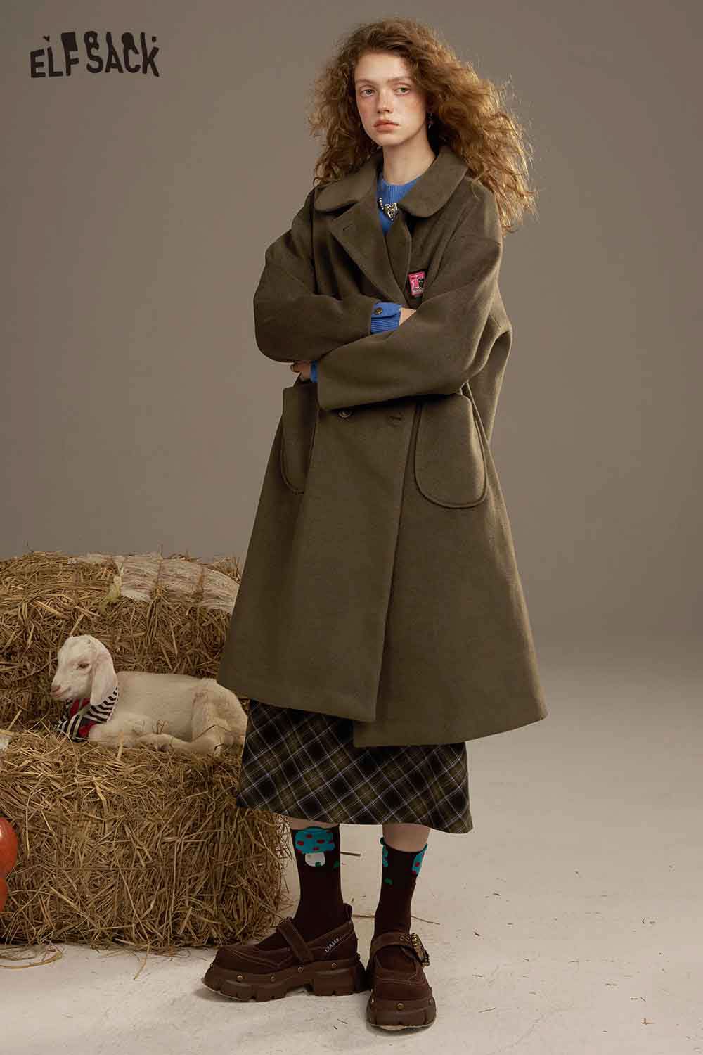 ELFSACK women's patterned collared coat in olive green, stylish design with oversized pockets