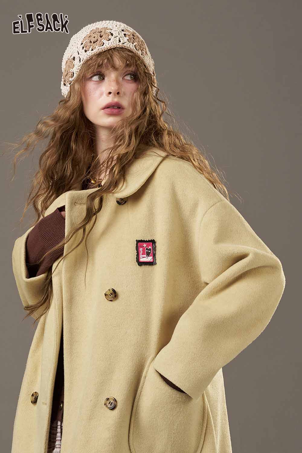 ELFSACK women's patterned collared coat in beige with oversized fit and stylish button detail