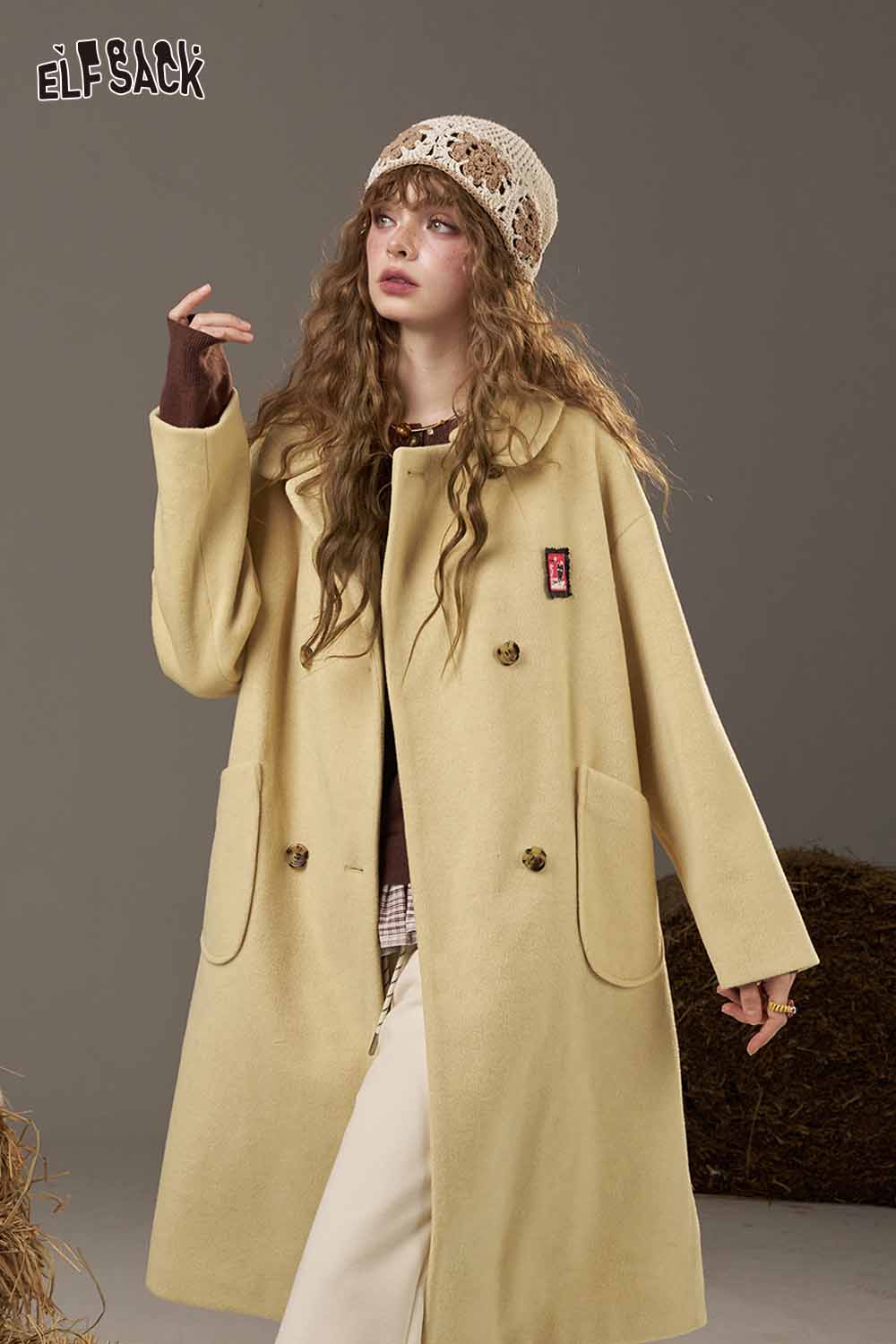 ELFSACK women's patterned collared coat in soft yellow with oversized pockets and stylish design