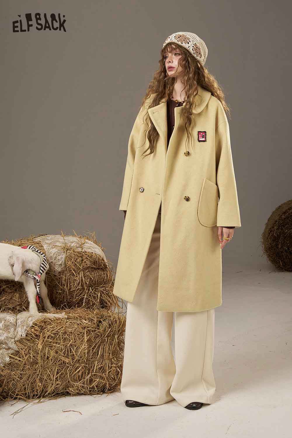ELFSACK women's patterned collared coat in cream with double-breasted design and oversized fit