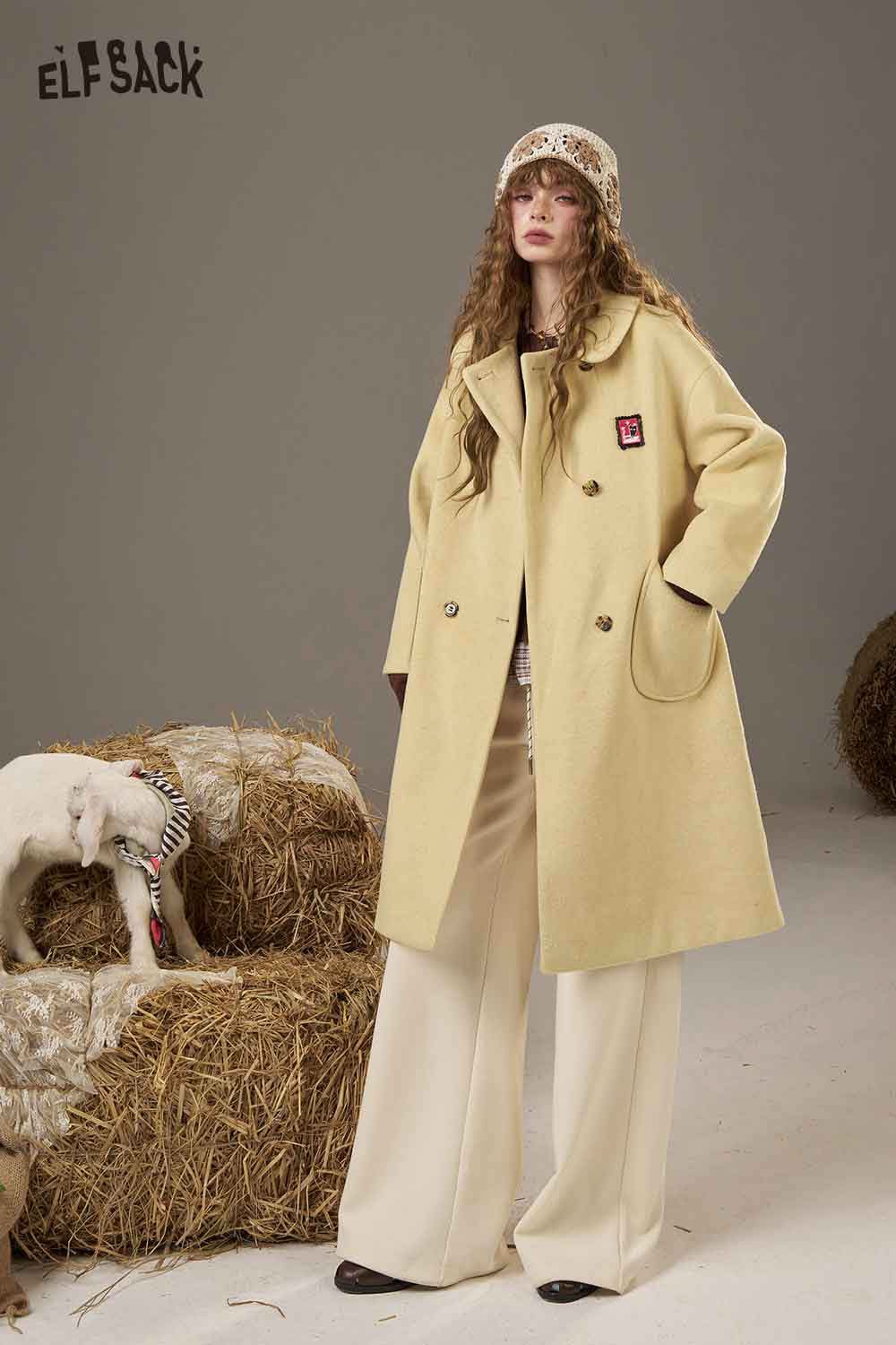 ELFSACK women's patterned collared coat in yellow, featuring a classic design and stylish oversized fit