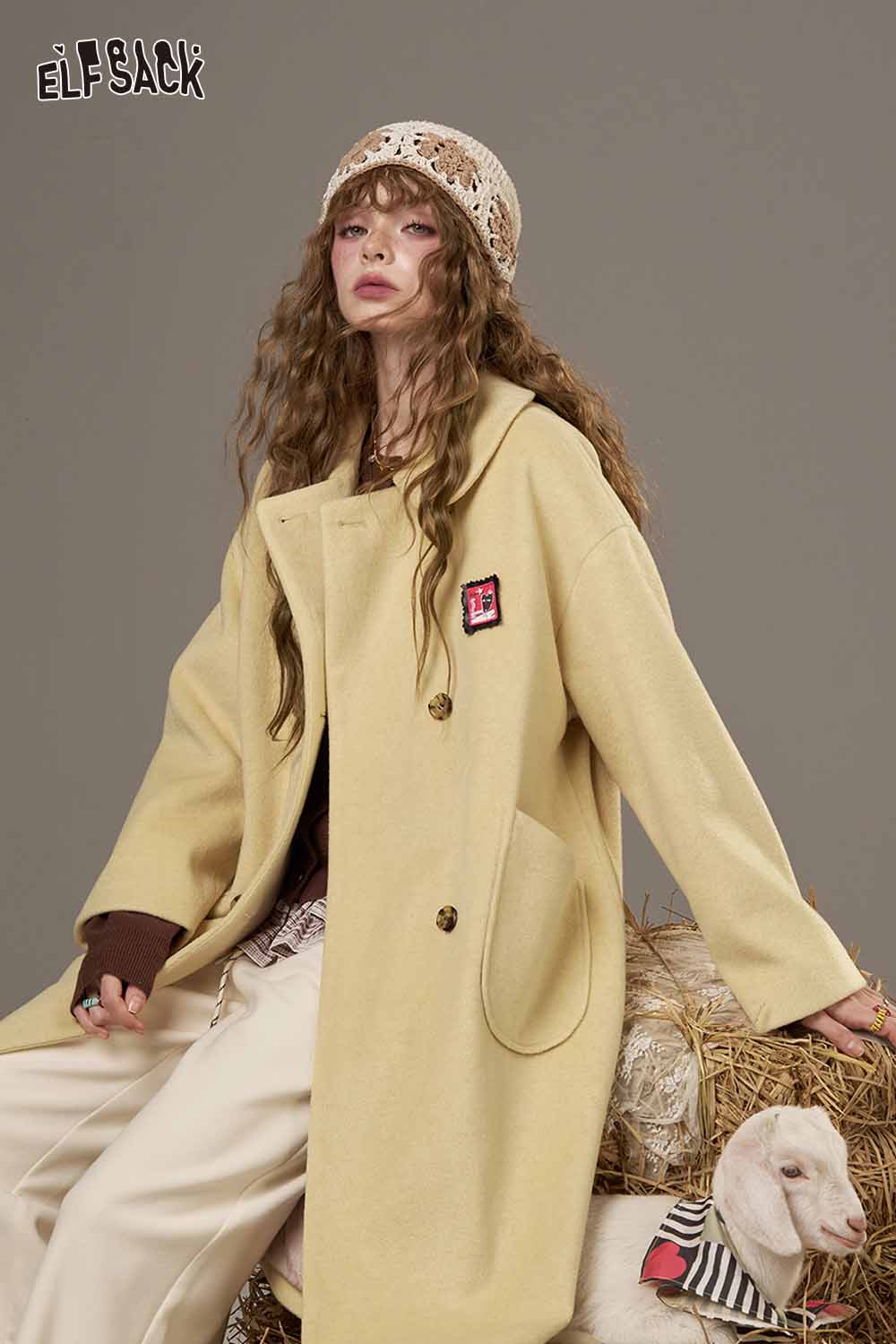 ELFSACK women's patterned collared coat in yellow with oversized fit and large pockets