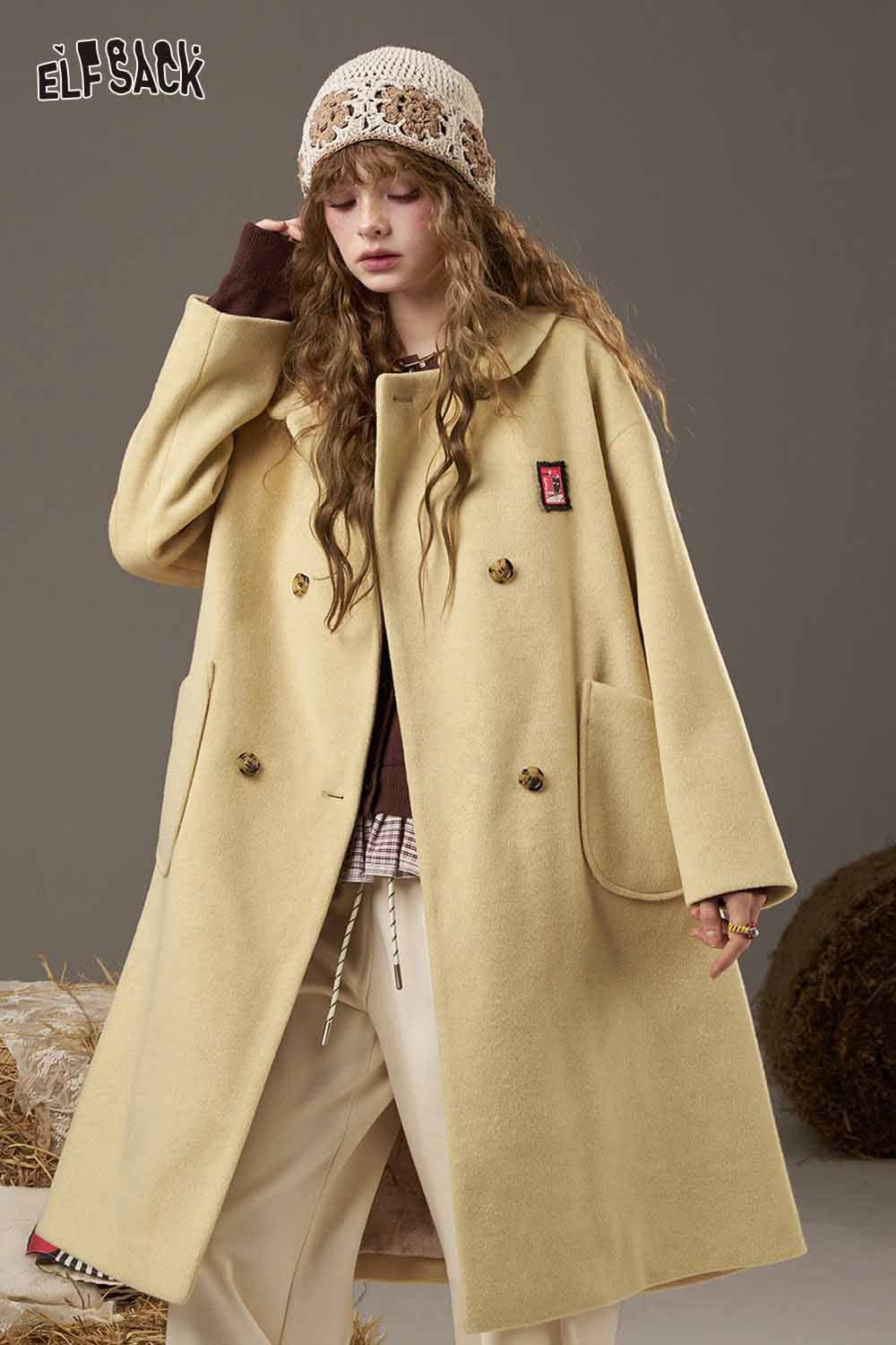ELFSACK women's patterned collared coat in yellow with oversized pockets for a stylish winter look