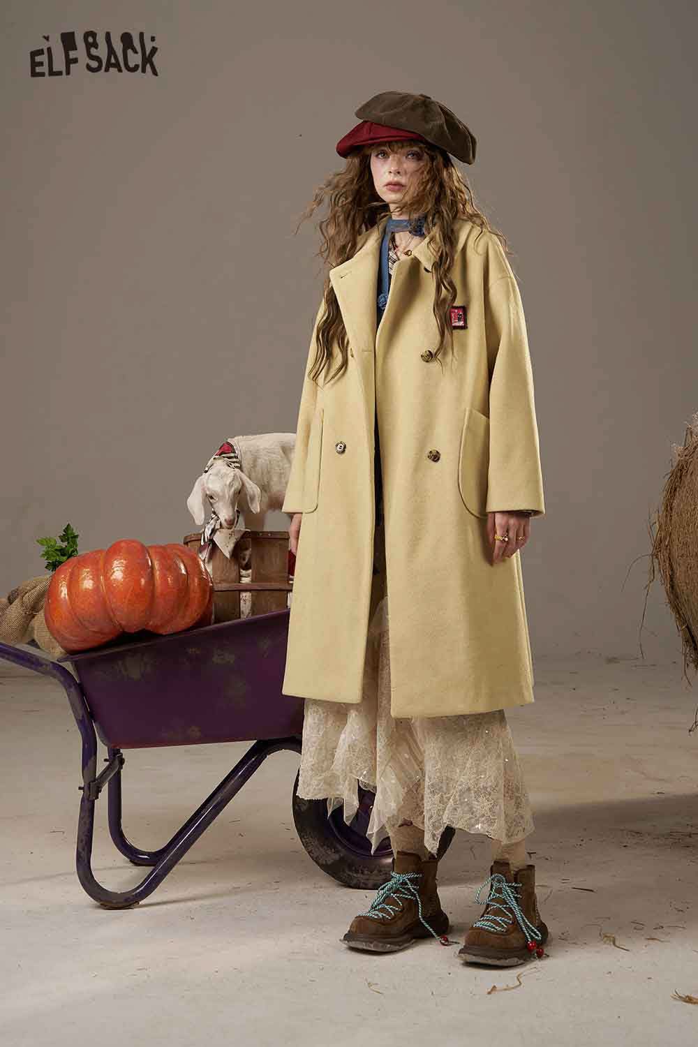 ELFSACK women's patterned collared coat in beige worn by model with casual style and accessories
