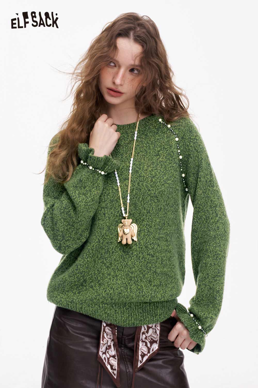 ELFSACK women's pearl embellished sweater in green with unique detailing and relaxed fit