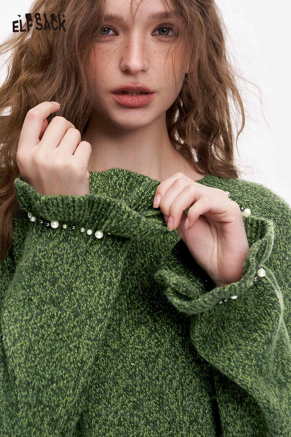 ELFSACK women's pearl embellished sweater in green with stylish gathered sleeves