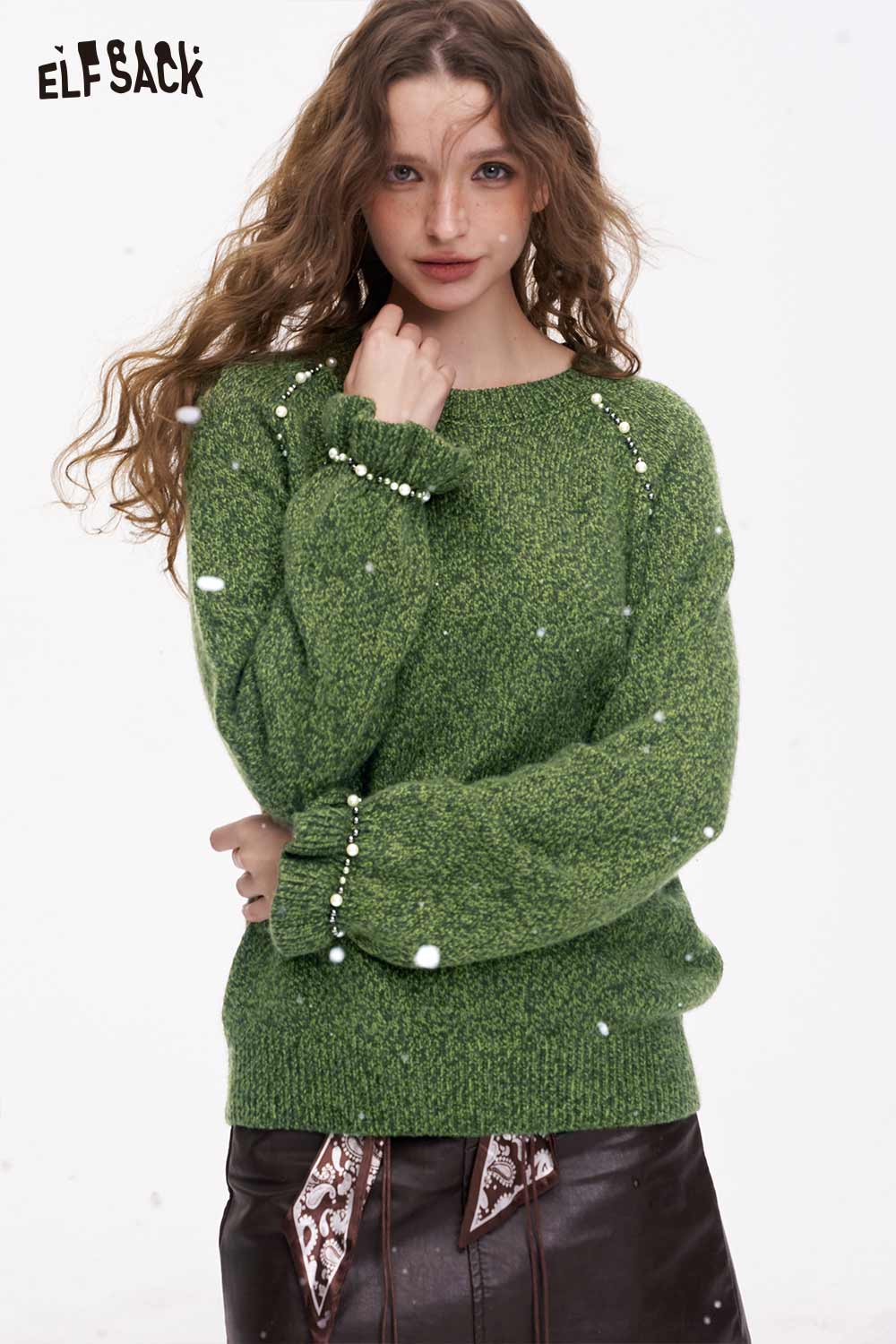 ELFSACK women’s pearl embellished sweater in green with a cozy oversized fit and stylish design