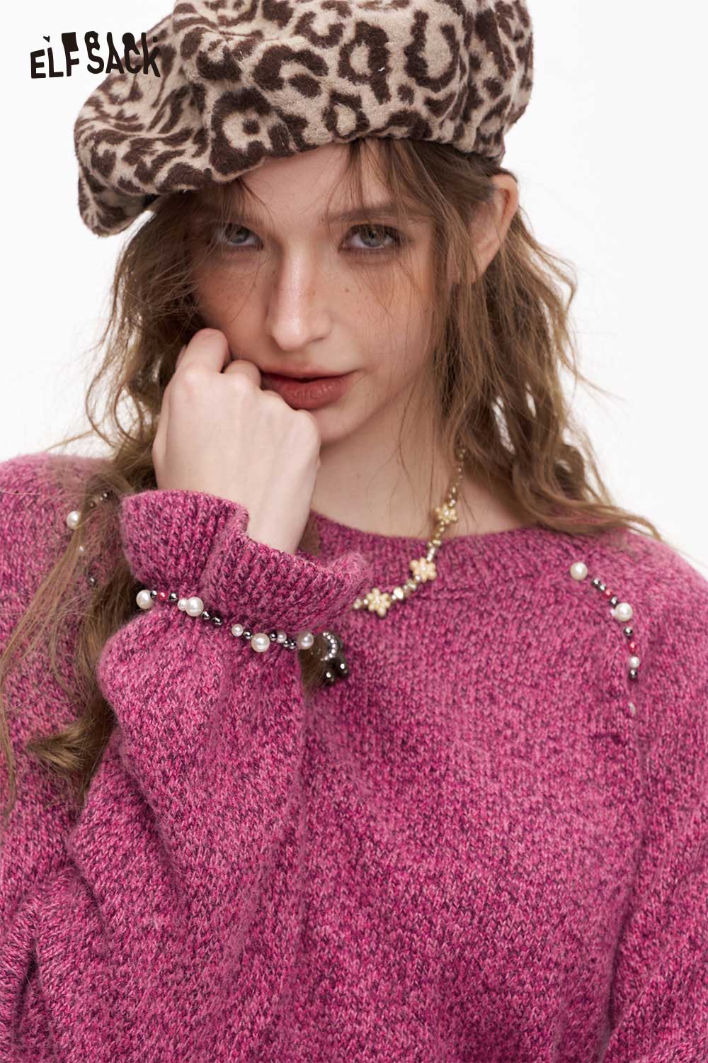 ELFSACK women's pearl embellished sweater in pink with trendy details for stylish outfits