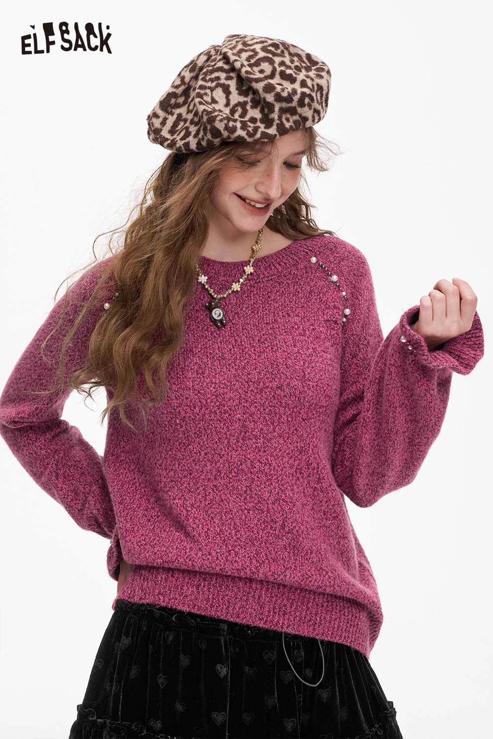 ELFSACK women's pearl embellished sweater in pink with stylish sleeves and decorative pearls