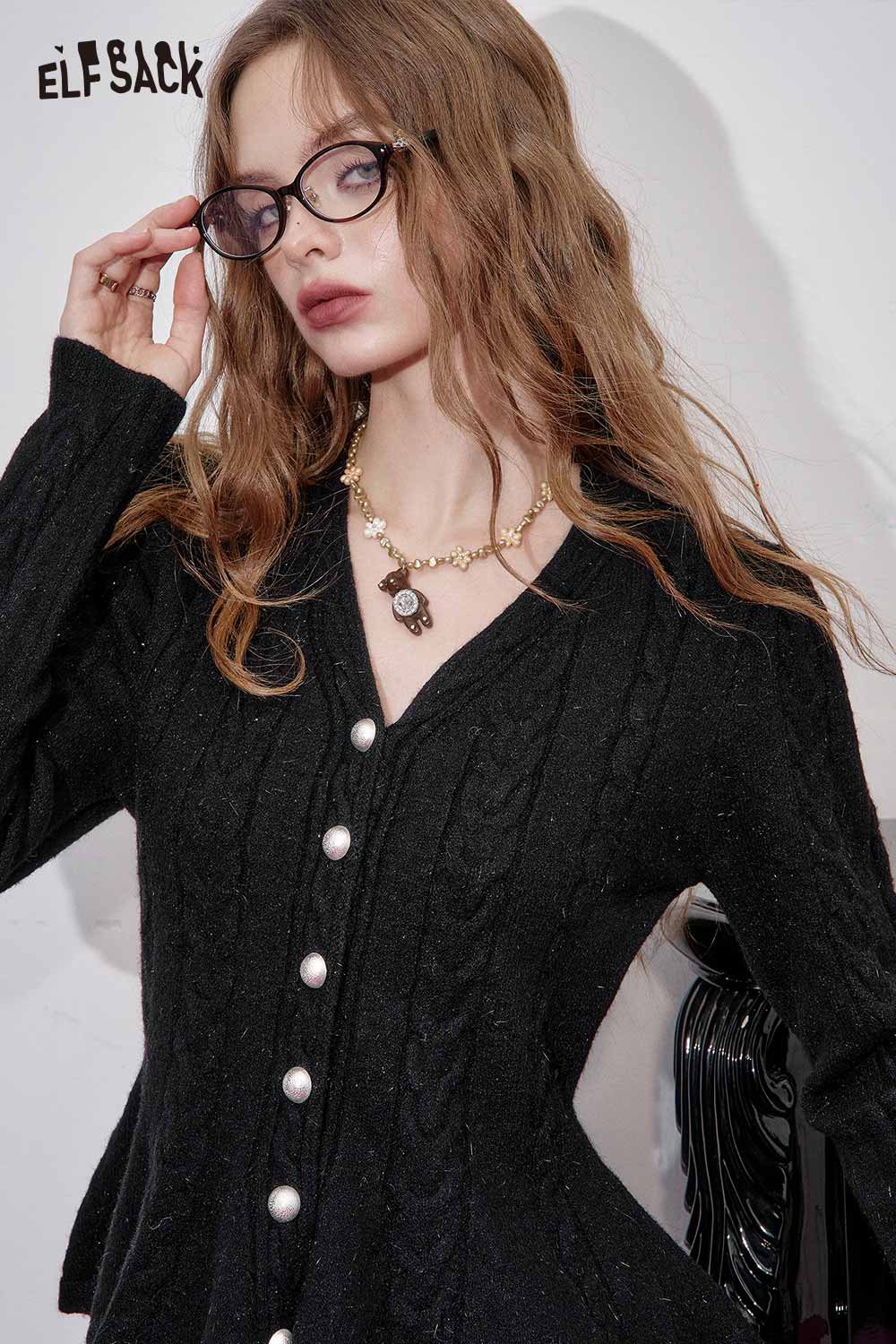ELFSACK women's peplum knit sweater in black with decorative buttons and cable knit design