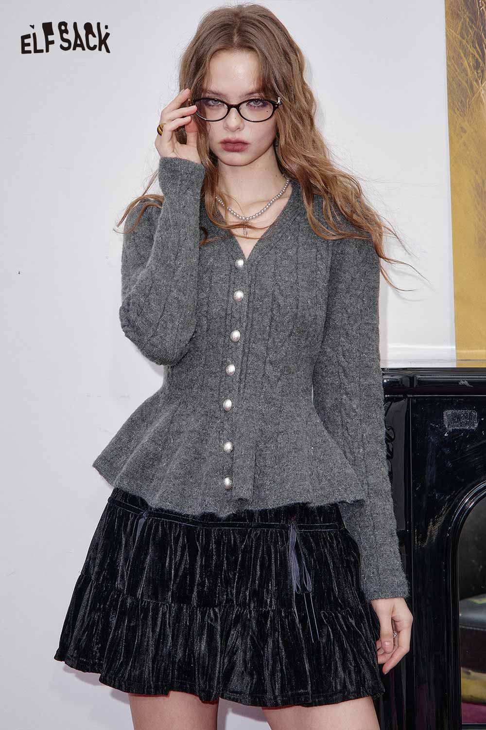 ELFSACK women's peplum knit sweater in gray with button details and a stylish fit