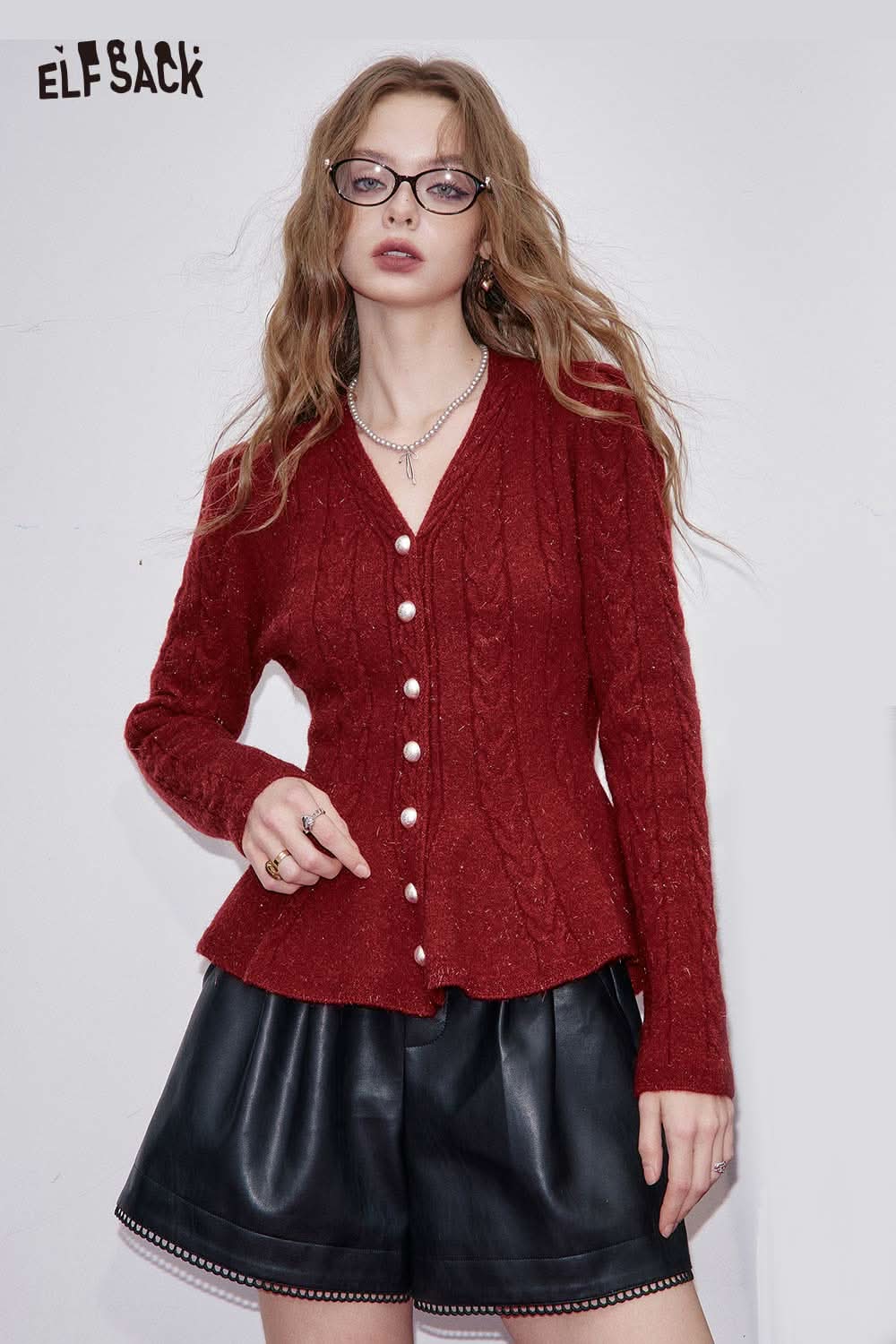 ELFSACK women's peplum knit sweater in deep red with button details and a stylish fit