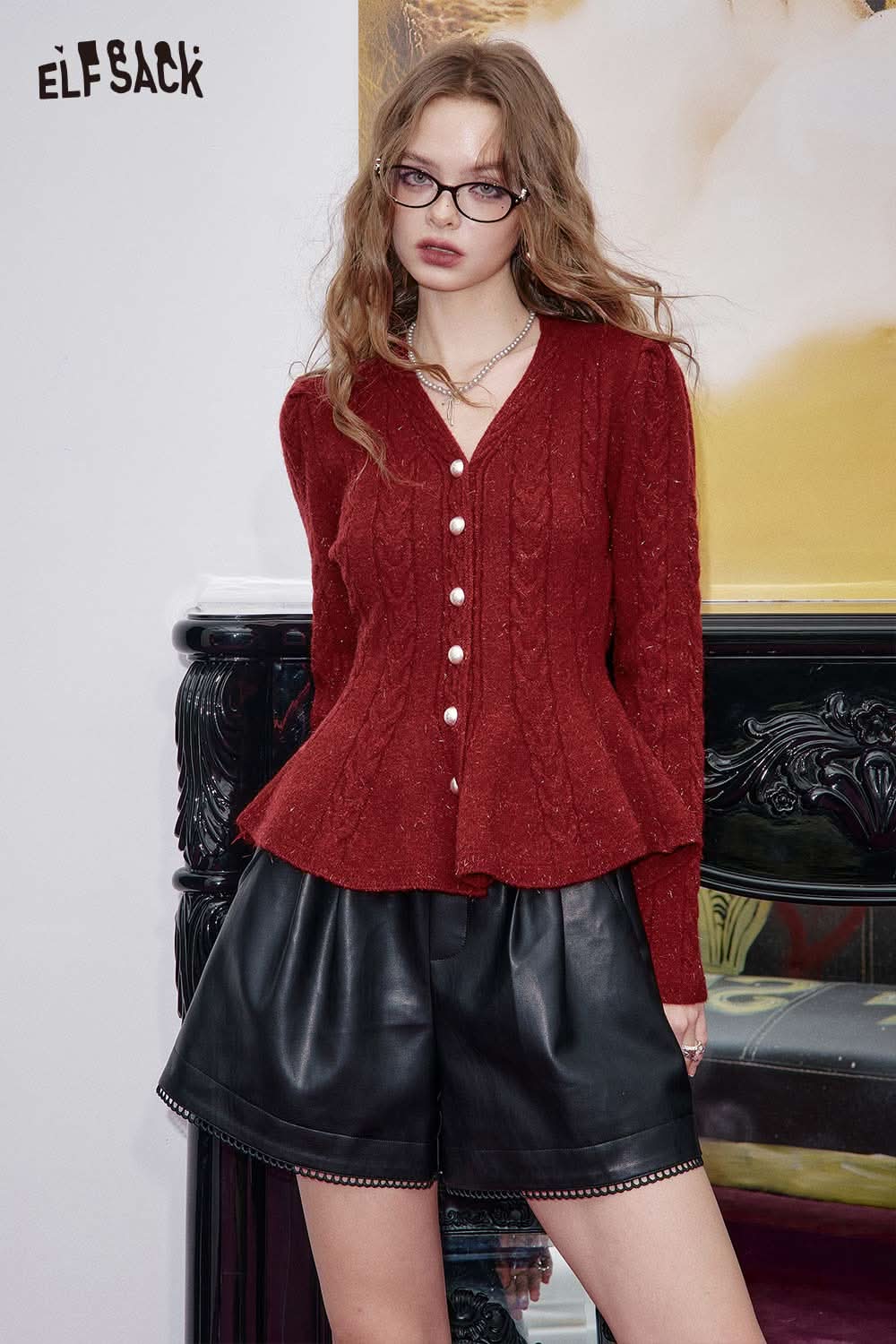 ELFSACK women's peplum knit sweater in burgundy with button detail and textured design