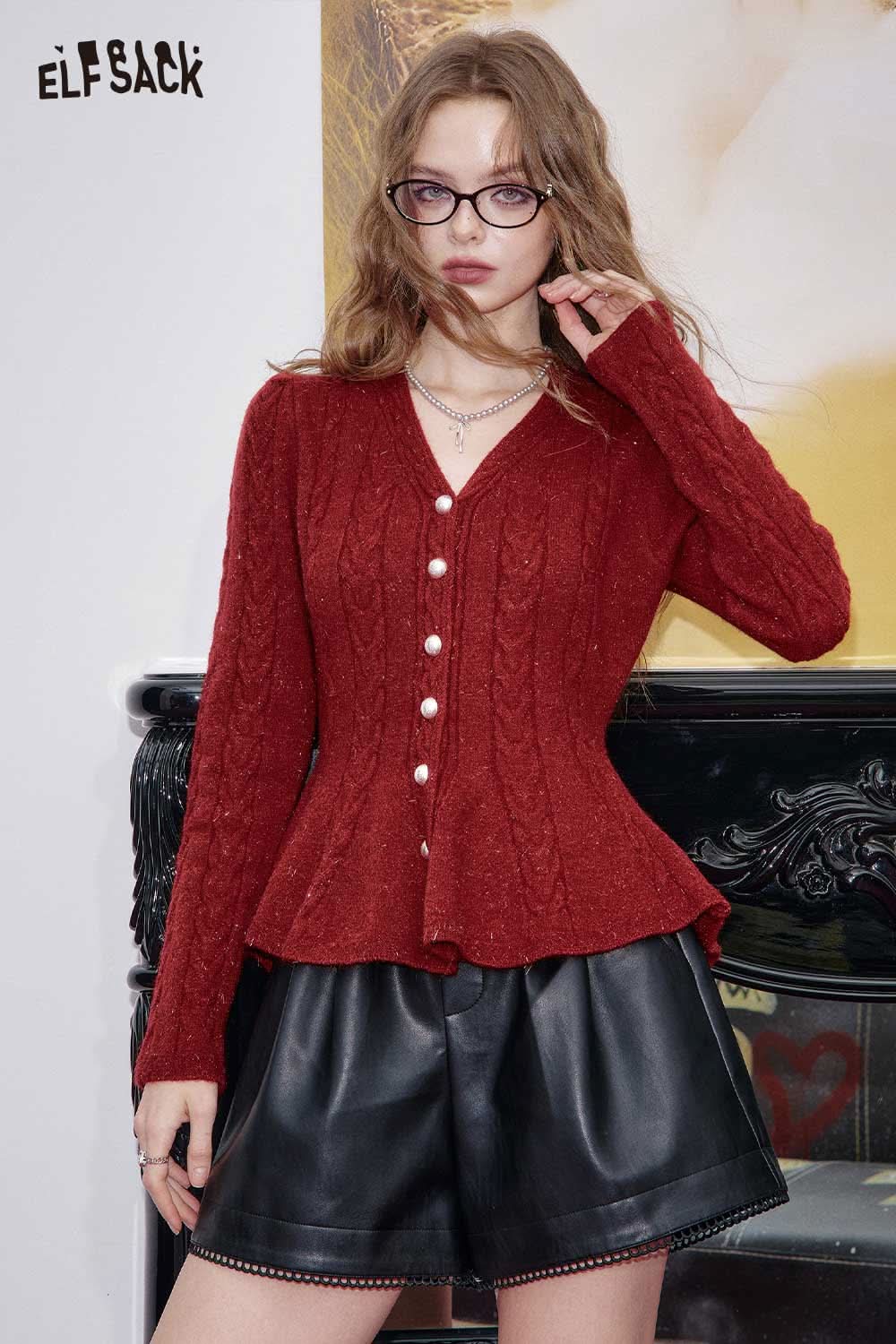 Stylish ELFSACK women's peplum knit sweater in red with button detail and a flattering fit