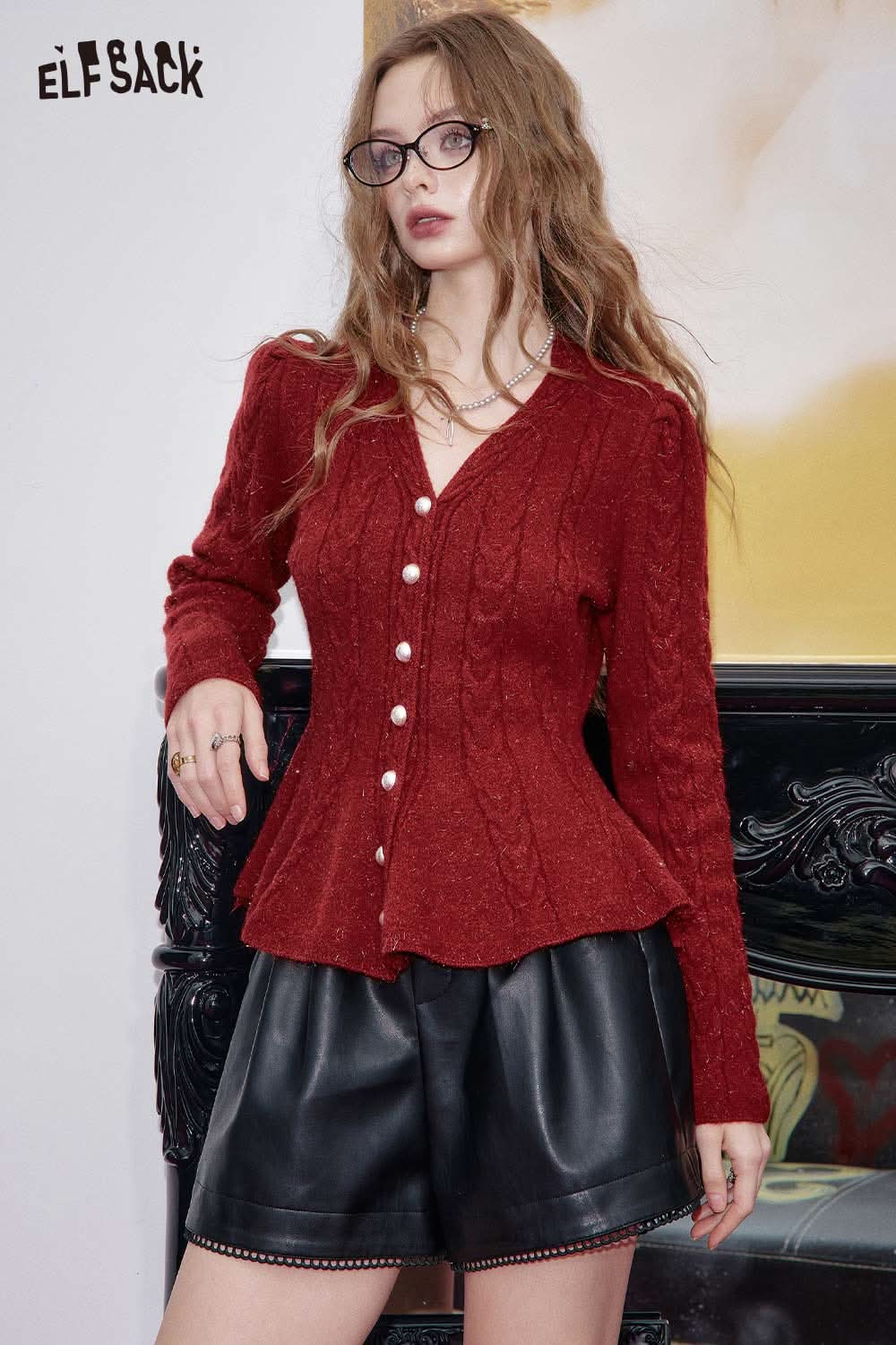ELFSACK women's peplum knit sweater in red with cable knit design and button details