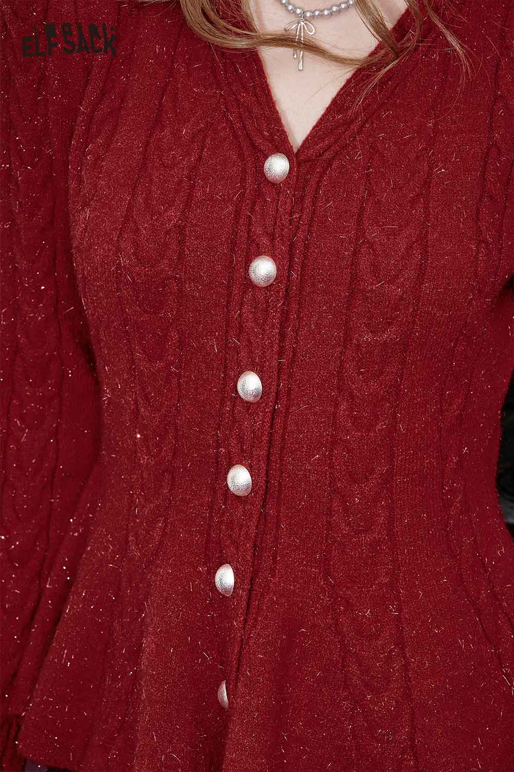 ELFSACK women's peplum knit sweater in red with button details and textured design
