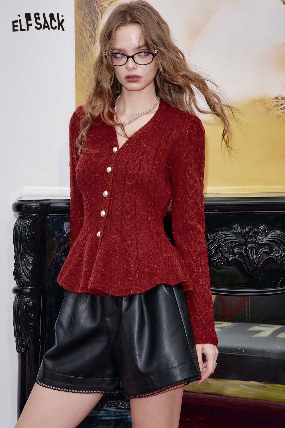 ELFSACK women's peplum knit sweater in red with button details and a flared hem