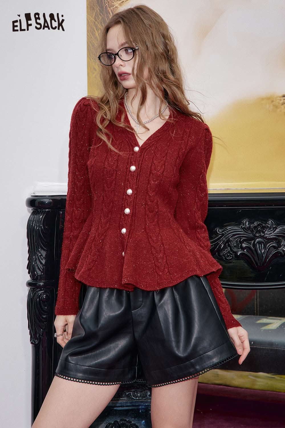 ELFSACK women's peplum knit sweater in burgundy featuring a V-neck and button details